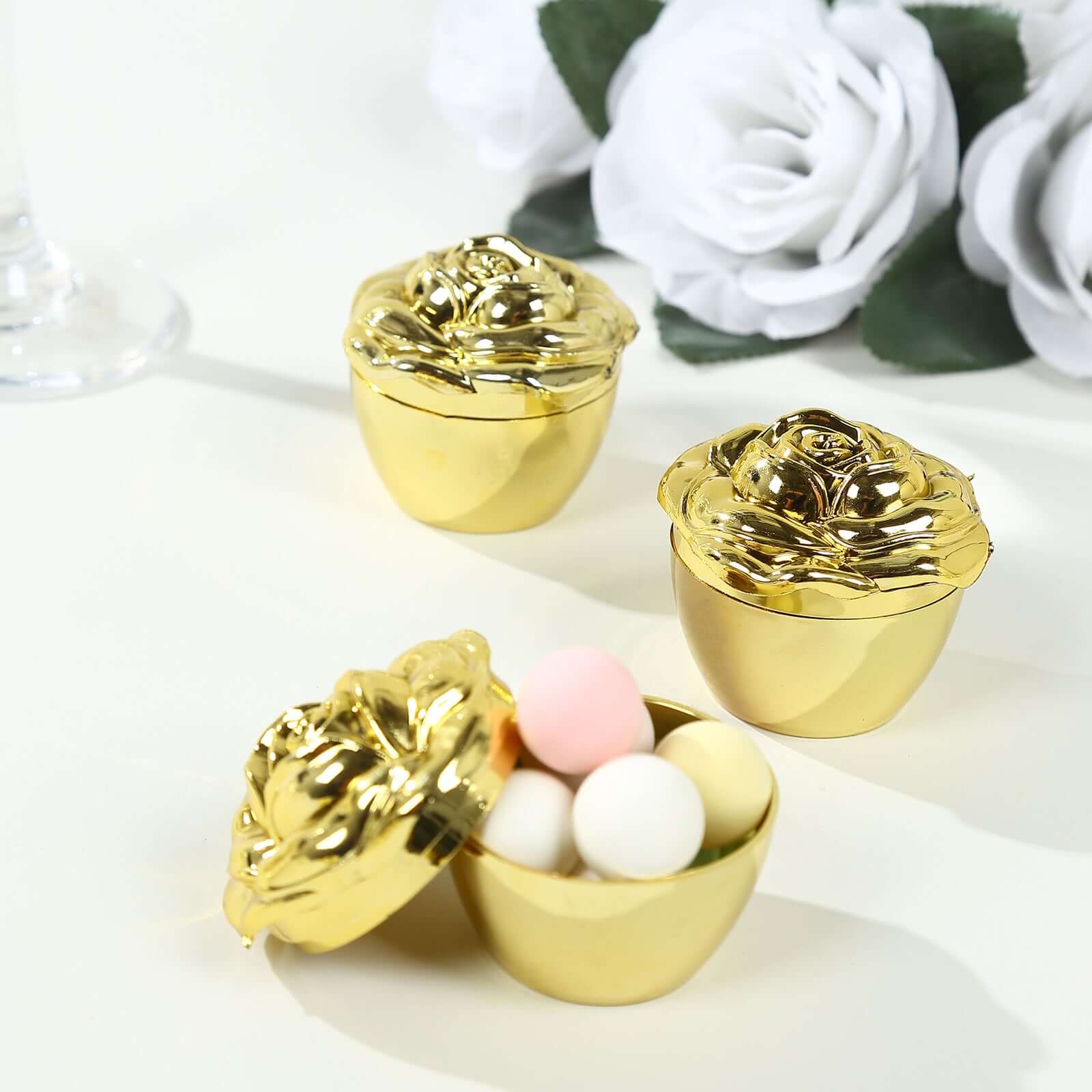 20-Pack Plastic Fillable Mini Candy Container in Vintage Rose Style Gold with Lids - Stylish Candy Treat Favor Boxes 2