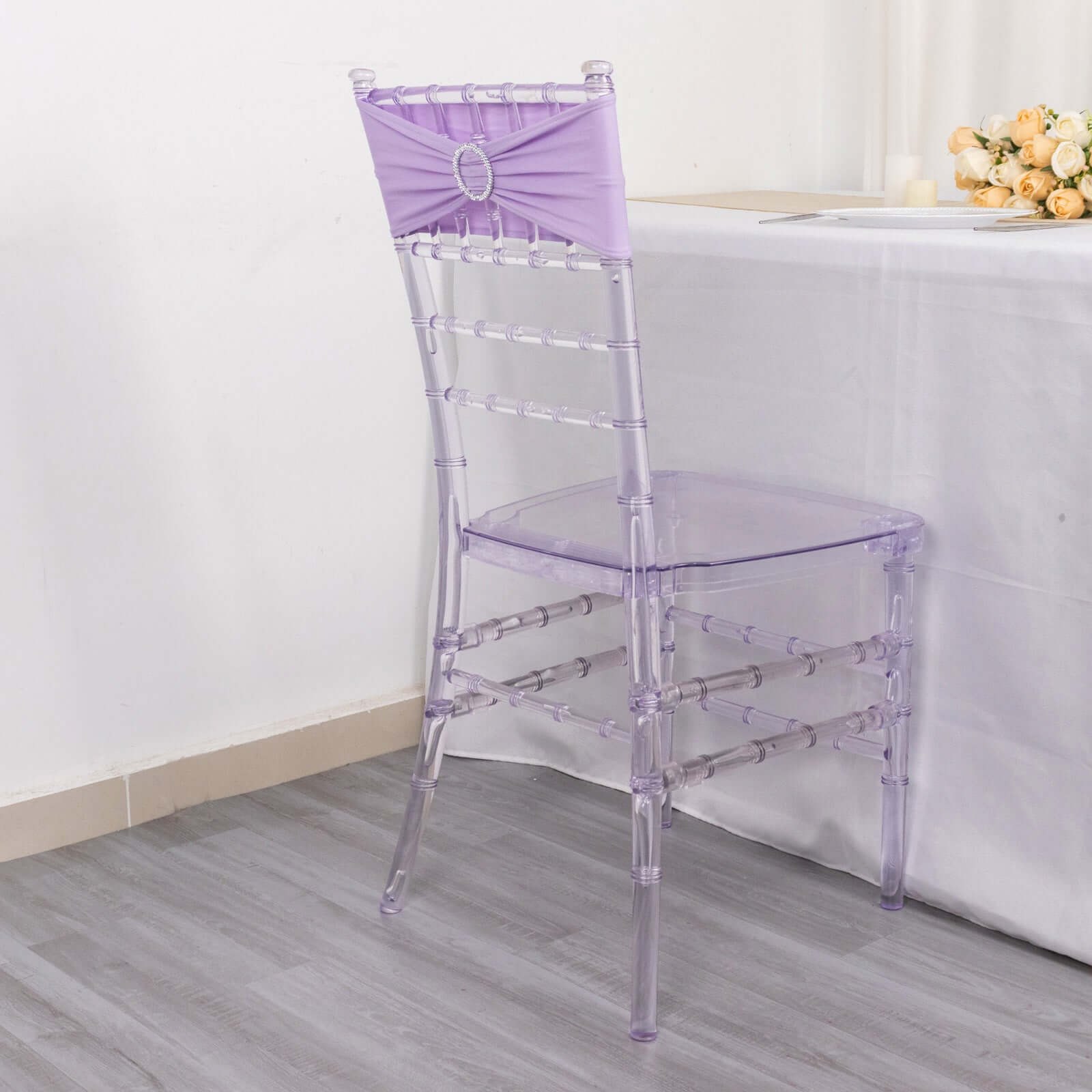 5 Pack Stretch Spandex Chair Sashes Lavender Lilac - Reusable Chair Bands with Silver Diamond Ring Slide Buckle 5x14