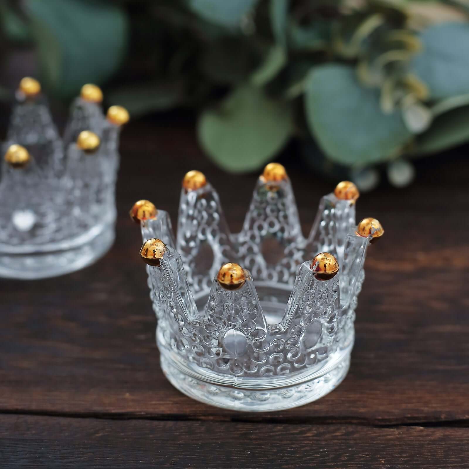 6-Pack Glass Crown Votive Candle Holders Clear Crystal Design with Gold Beaded Tips - Tea Light Holders 3x2