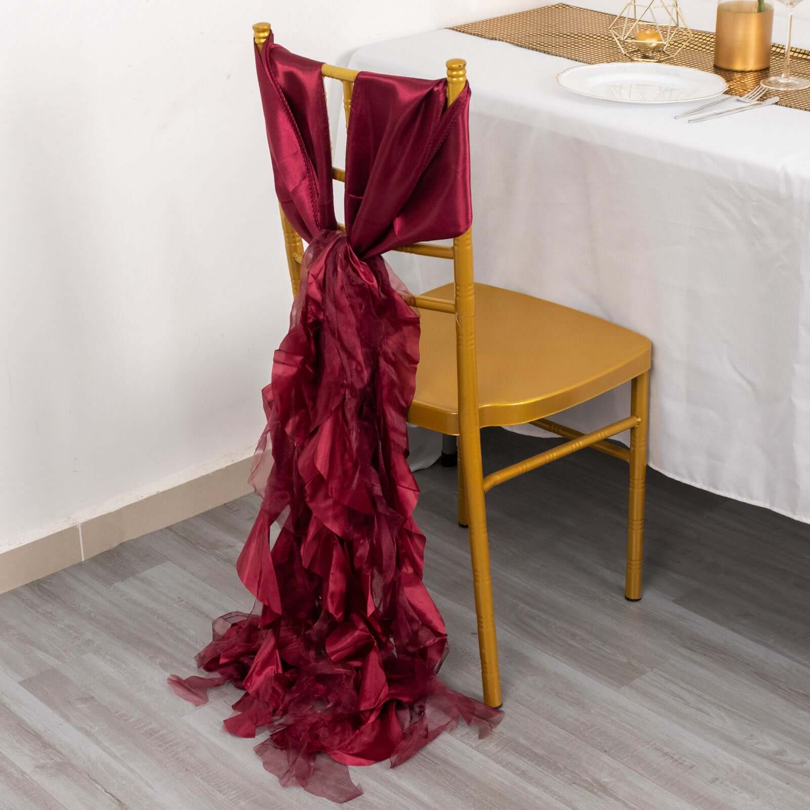 5 Pack Chiffon Satin Chair Sashes Burgundy - Easy to Install Ruffled Curly Willow