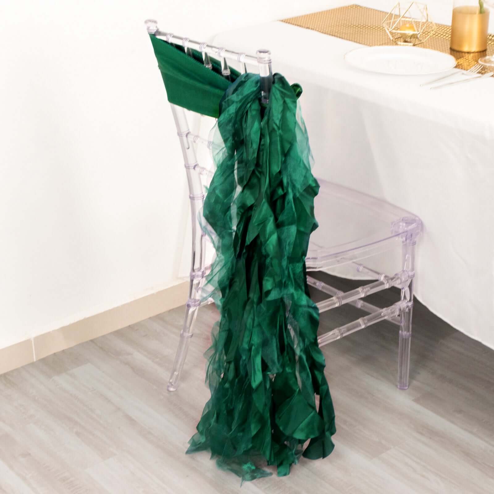 5 Pack Chiffon Satin Chair Sashes Hunter Emerald Green - Easy to Install Ruffled Curly Willow