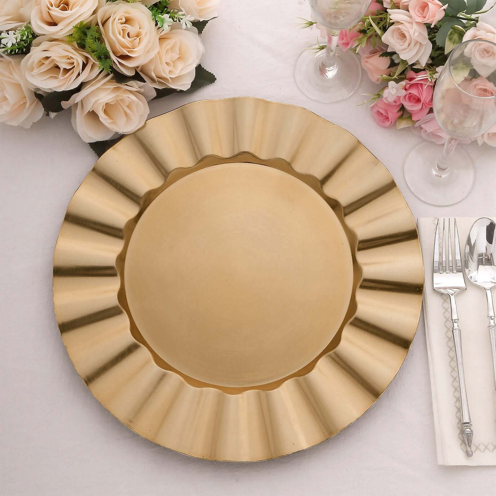 6-Pack Acrylic Plastic Round Charger Plates 13 in Gold with Wavy Scalloped Rim, Decorative Dinner Party Charger Tableware