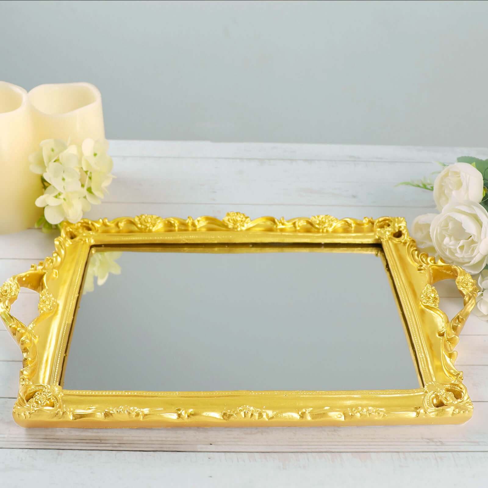 Resin Mirrored Rectangle Serving Tray 15x10 in Metallic Gold with Baroque Design, Stylish Decorative Vanity Tray Centerpiece