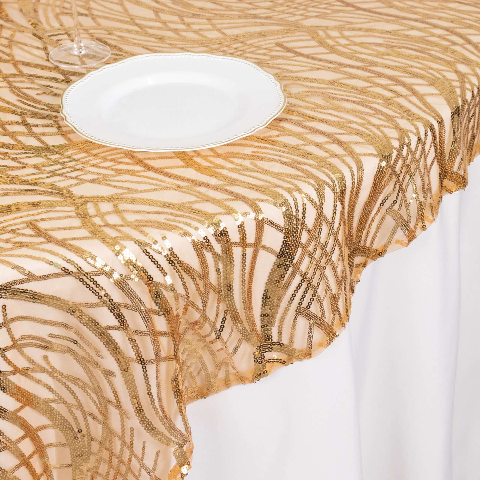 Mesh 72x72 Table Overlay Square Tablecloth Gold Wave Design with Embroidered Sequins for Stylish Occasions