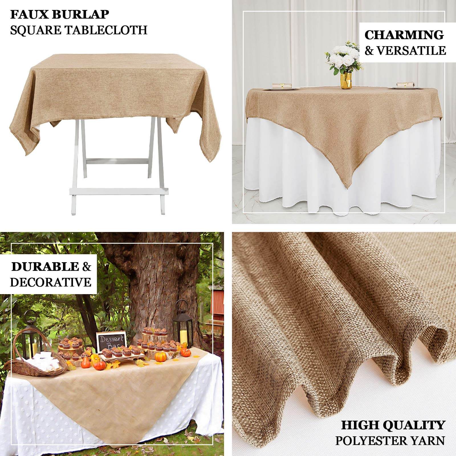 Faux Burlap Jute 54x54 Square Tablecloth Natural - Rustic Event Table Linen