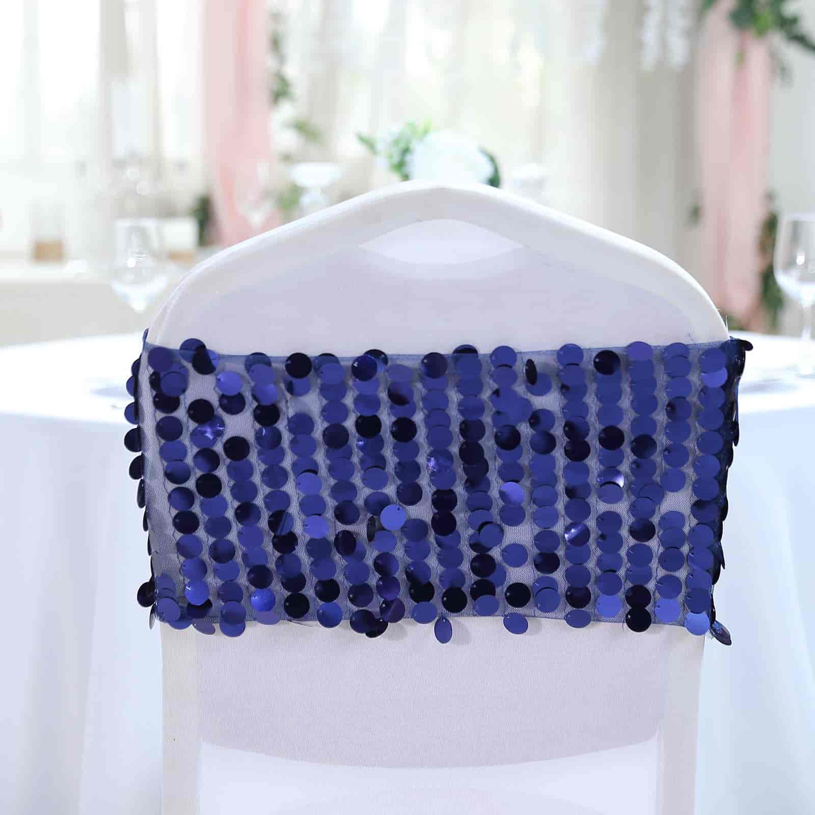 5 Pack Big Payette Sequin 13x10 Chair Sash Bands Navy Blue - Stylish Glittering Decor for Weddings & Gatherings