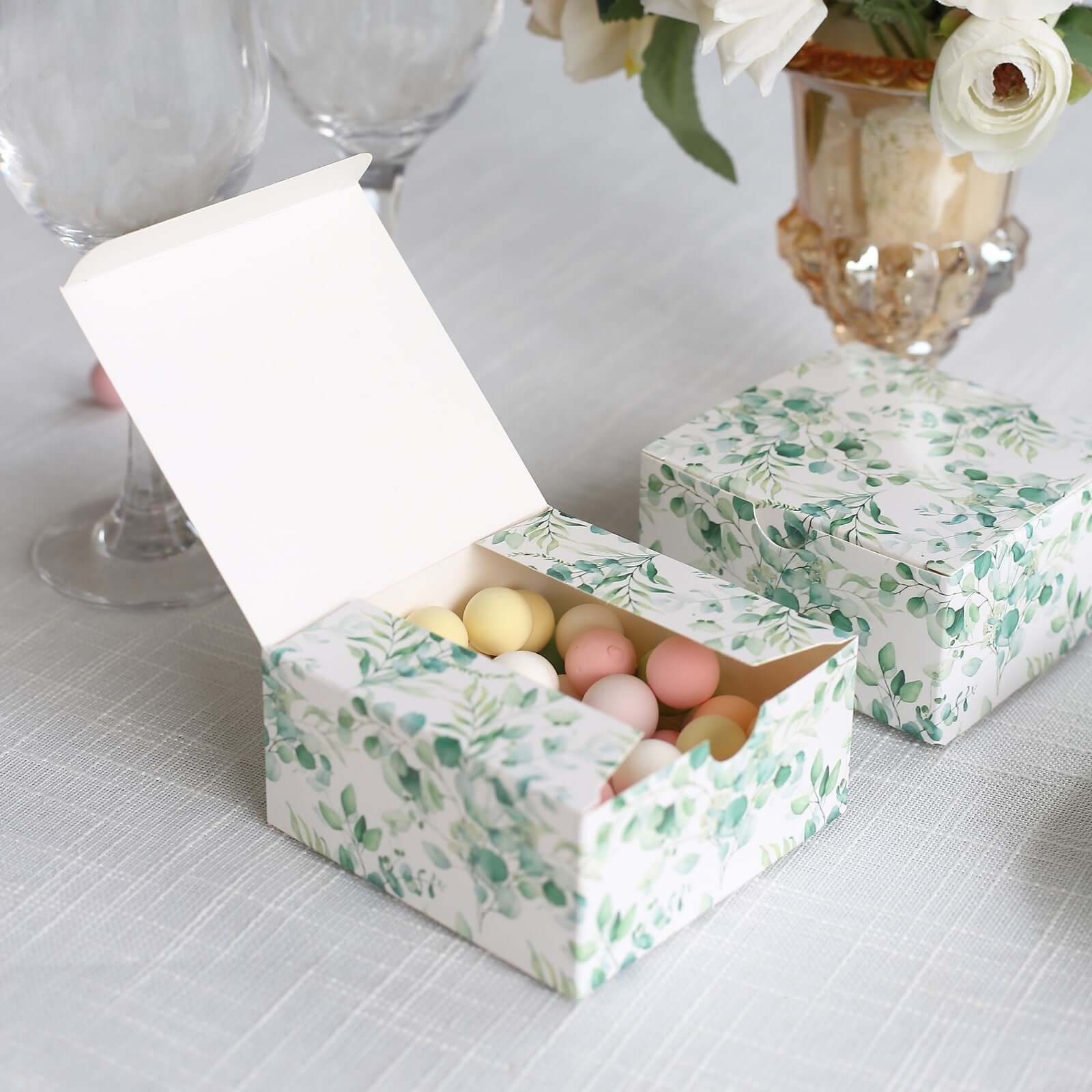 25 Pack White Green Eucalyptus Leaves Print Paper Favor Boxes, Cardstock Party Shower Candy Gift Boxes - 4x4x2