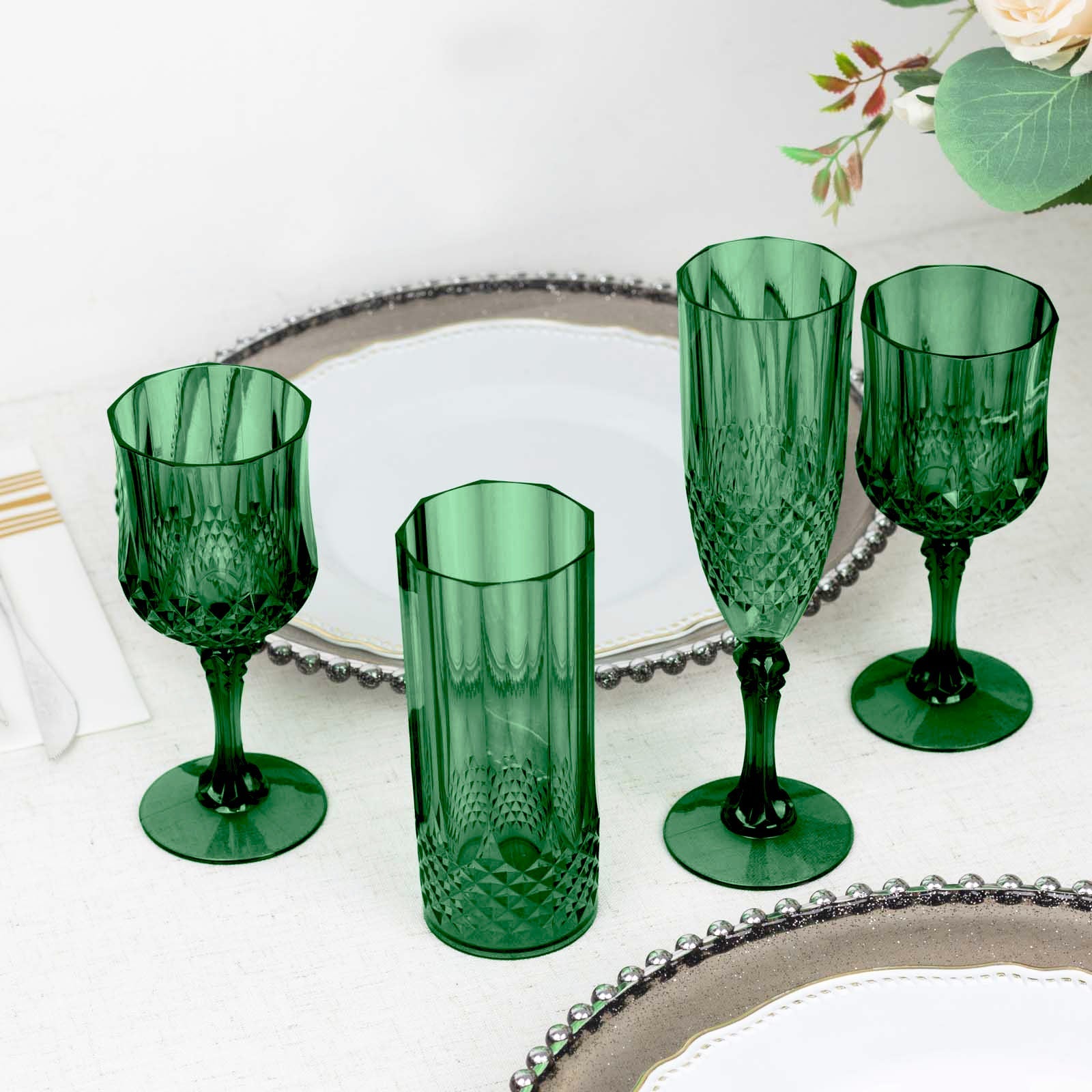 6-Pack Plastic Cocktail Goblets Hunter Emerald Green Transparent Crystal Cut - Shatterproof Drinkware 8oz