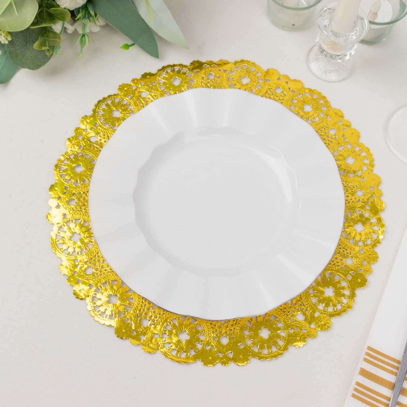 50-Pack Paper 12 Round Placemats in Metallic Gold - Disposable 50GSM Lace Doilies with Medallion Style for Dessert Display & Table Decor