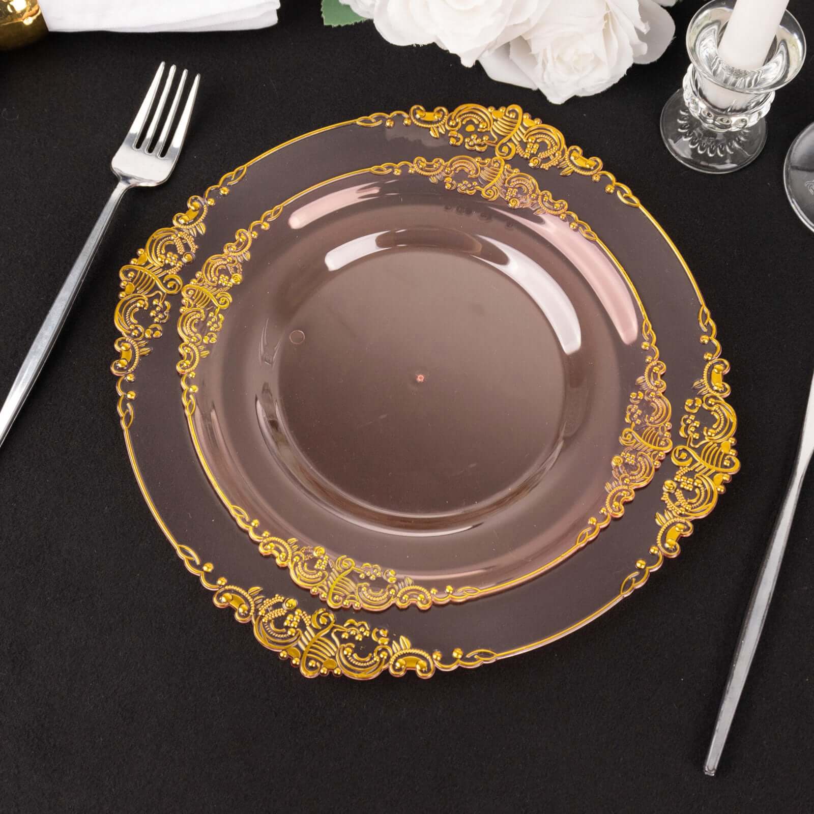 10-Pack Plastic 8 Round Dessert Plates in Transparent Blush with Gold Leaf Embossed Rim - Disposable Vintage Baroque Style Salad Plates