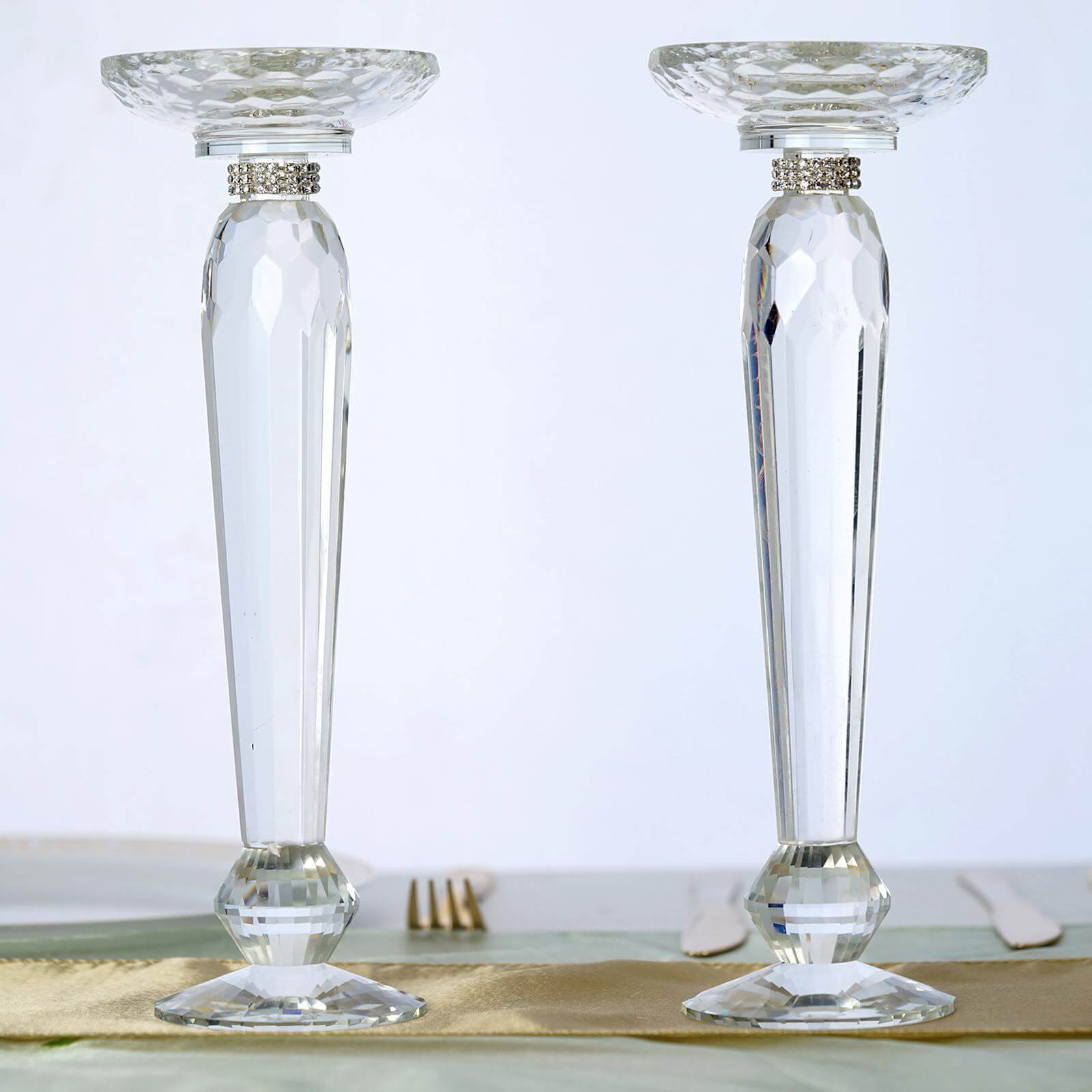 2-Pack Cut Crystal Glass Pillar Candle Holder Stands, Kissing Ball Flower Pedestals 11