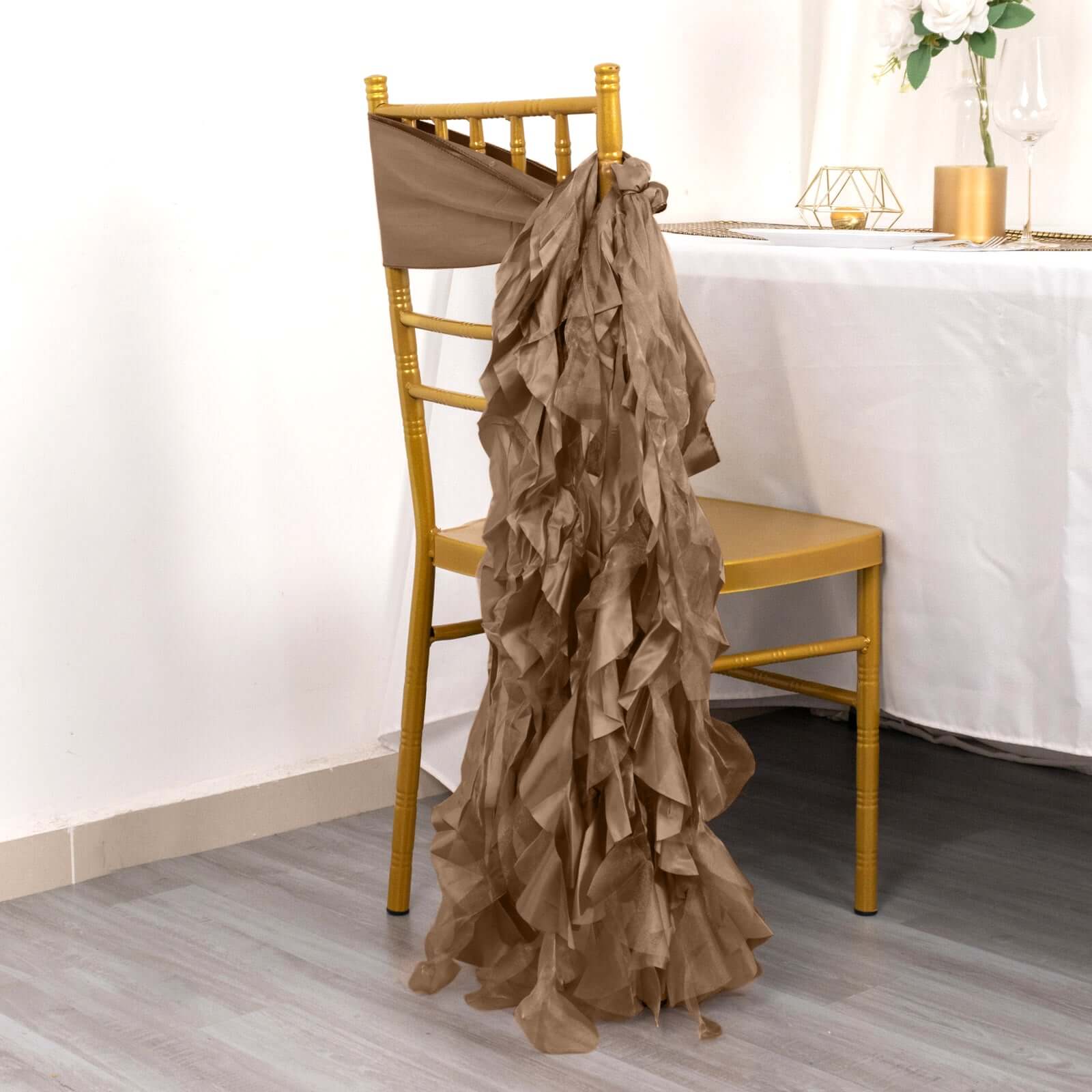 5 Pack Chiffon Satin Chair Sashes Taupe - Easy to Install Ruffled Curly Willow