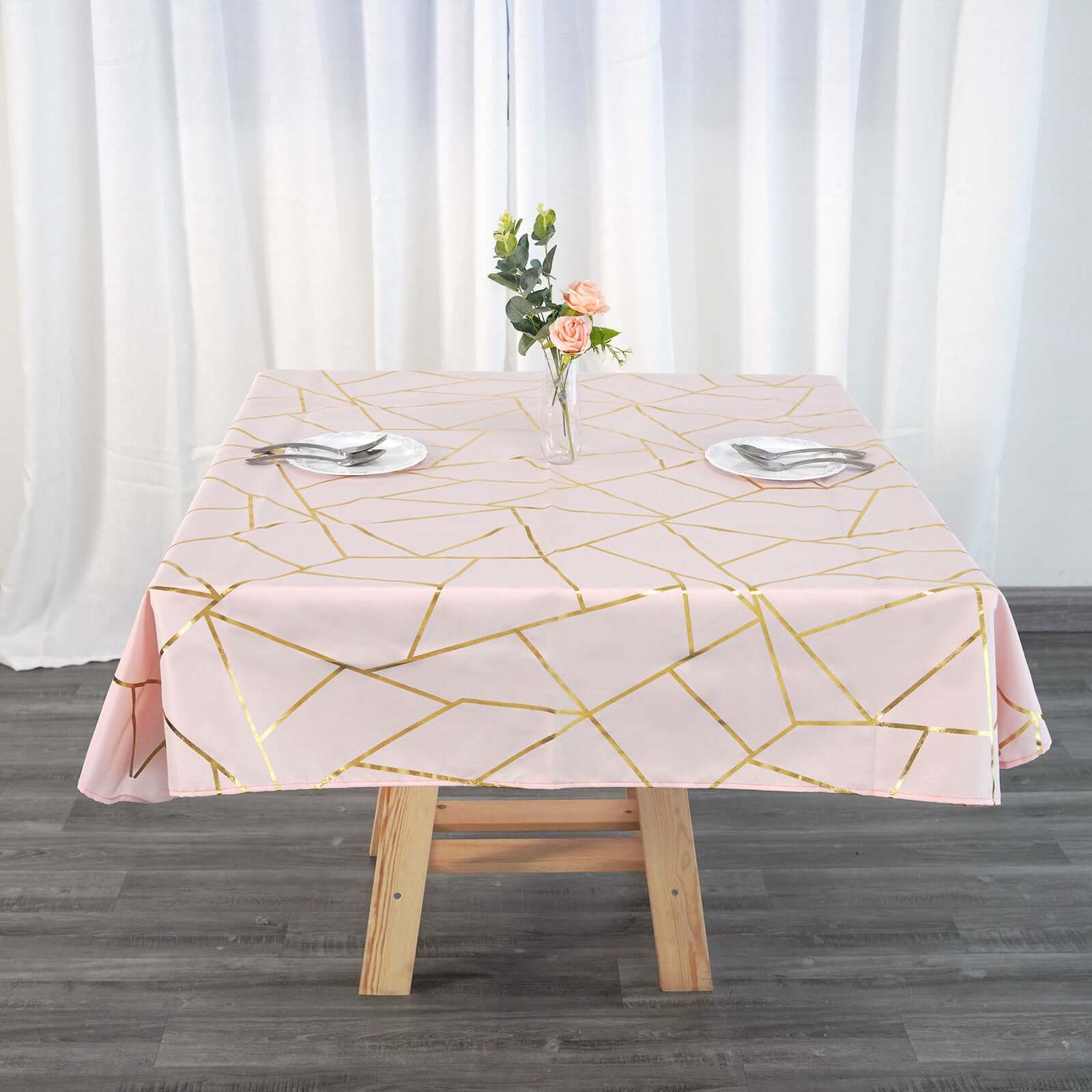 Polyester 54x54 Square Tablecloth Blush with Gold Foil Geometric Pattern - Wrinkle-Resistant & Durable Table Cover