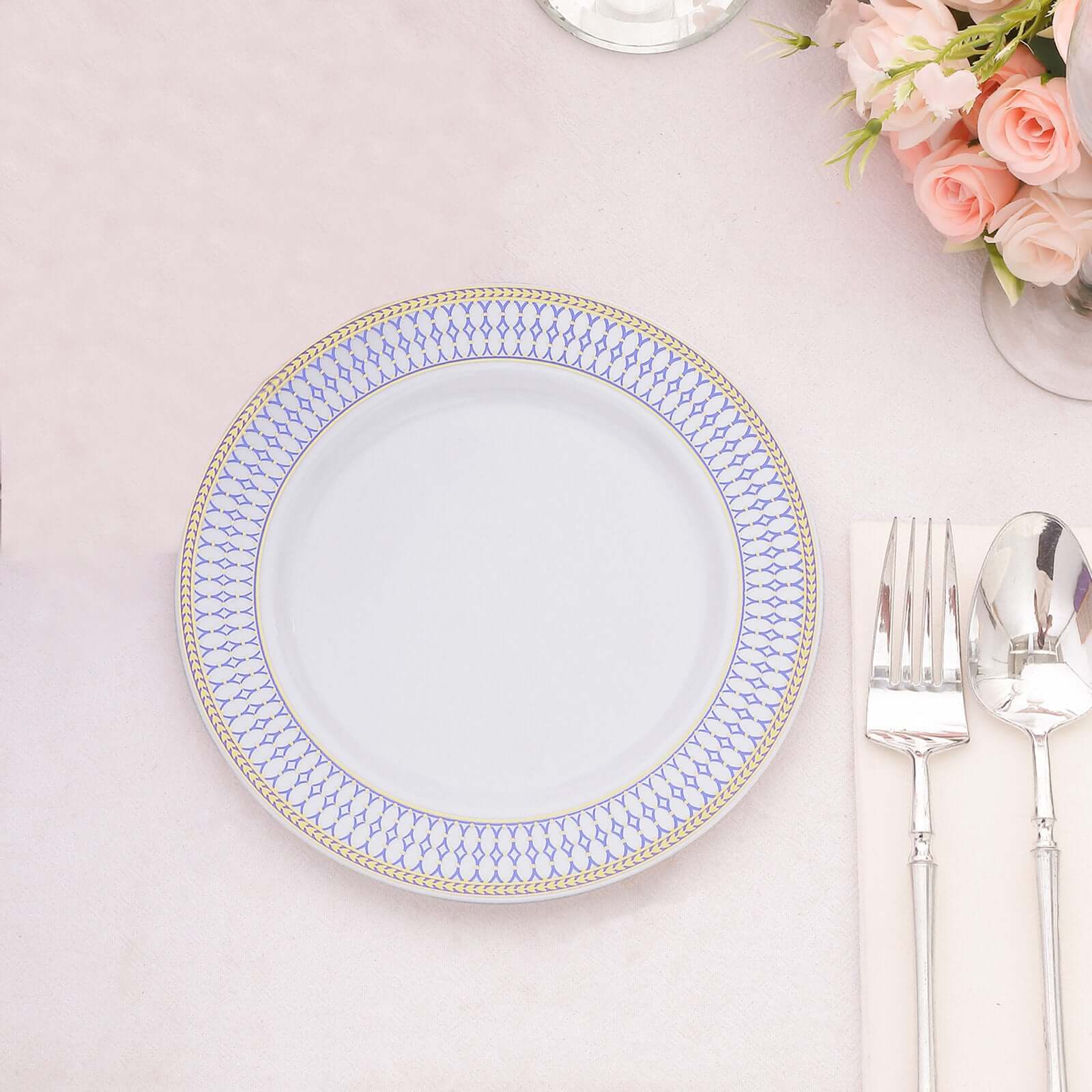 10-Pack Plastic 7 Round Dessert Plates in White with Gold Navy Blue Chord Rim - Renaissance Style Disposable Salad Appetizer Plates for Events & Banquets