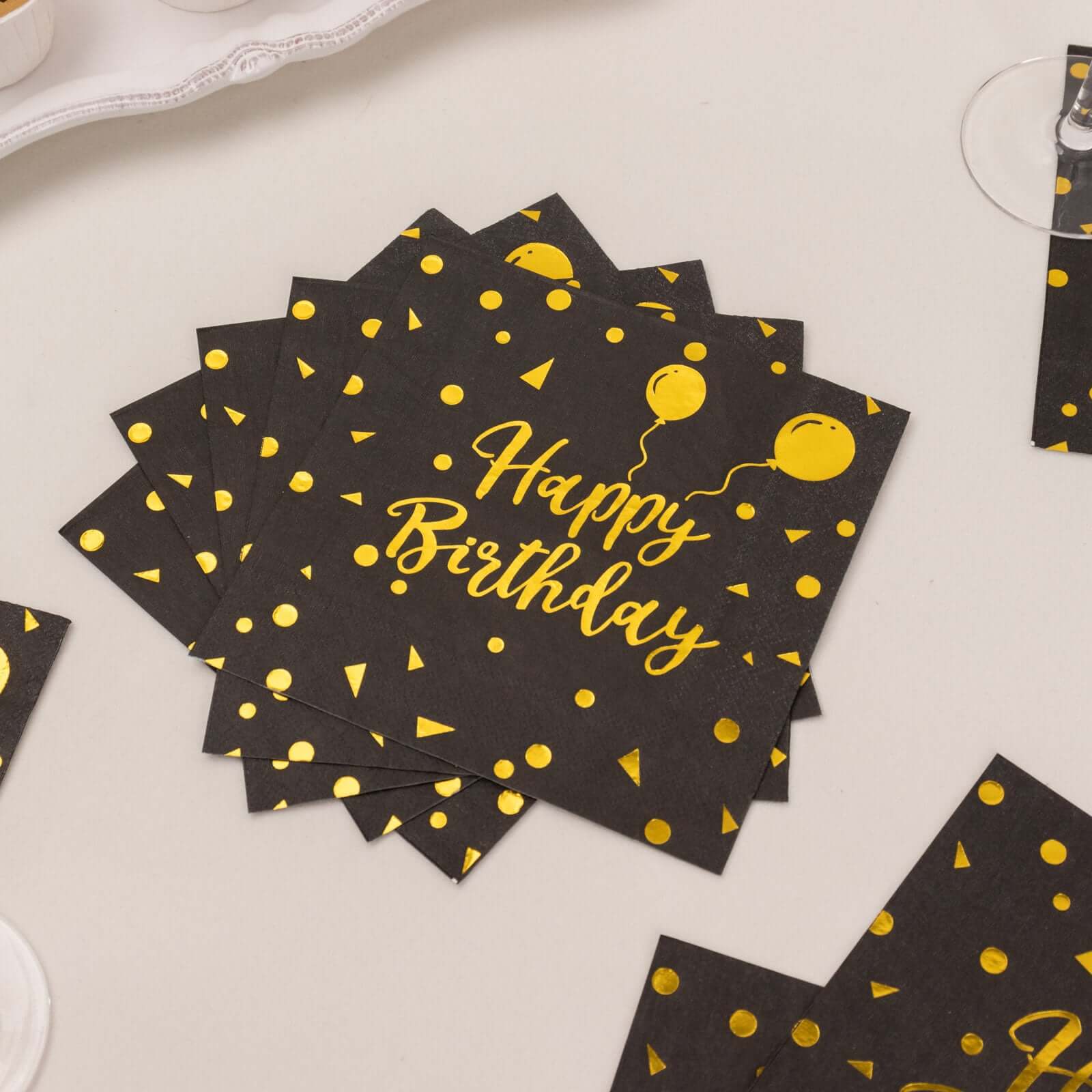 20-Pack Paper Beverage Napkins with Happy Birthday Foil Print Black/Gold - 2 Ply Disposable 18GSM Soft Party Napkins 6.5x6.5