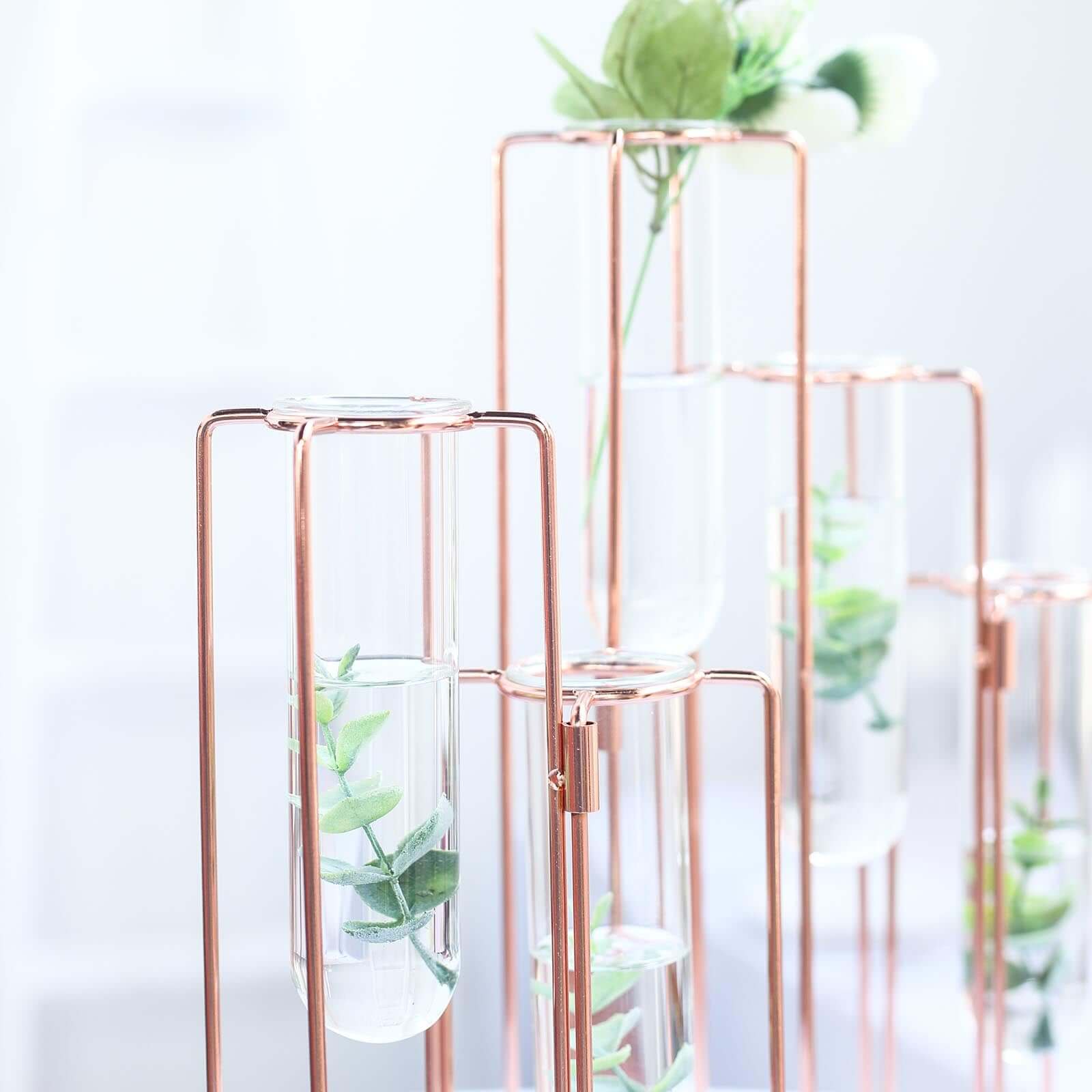 Set of 5 Wedding Centerpieces Rose Gold Frame Conjoined Geometric Design - Test Tube Hydroponic Vases 15