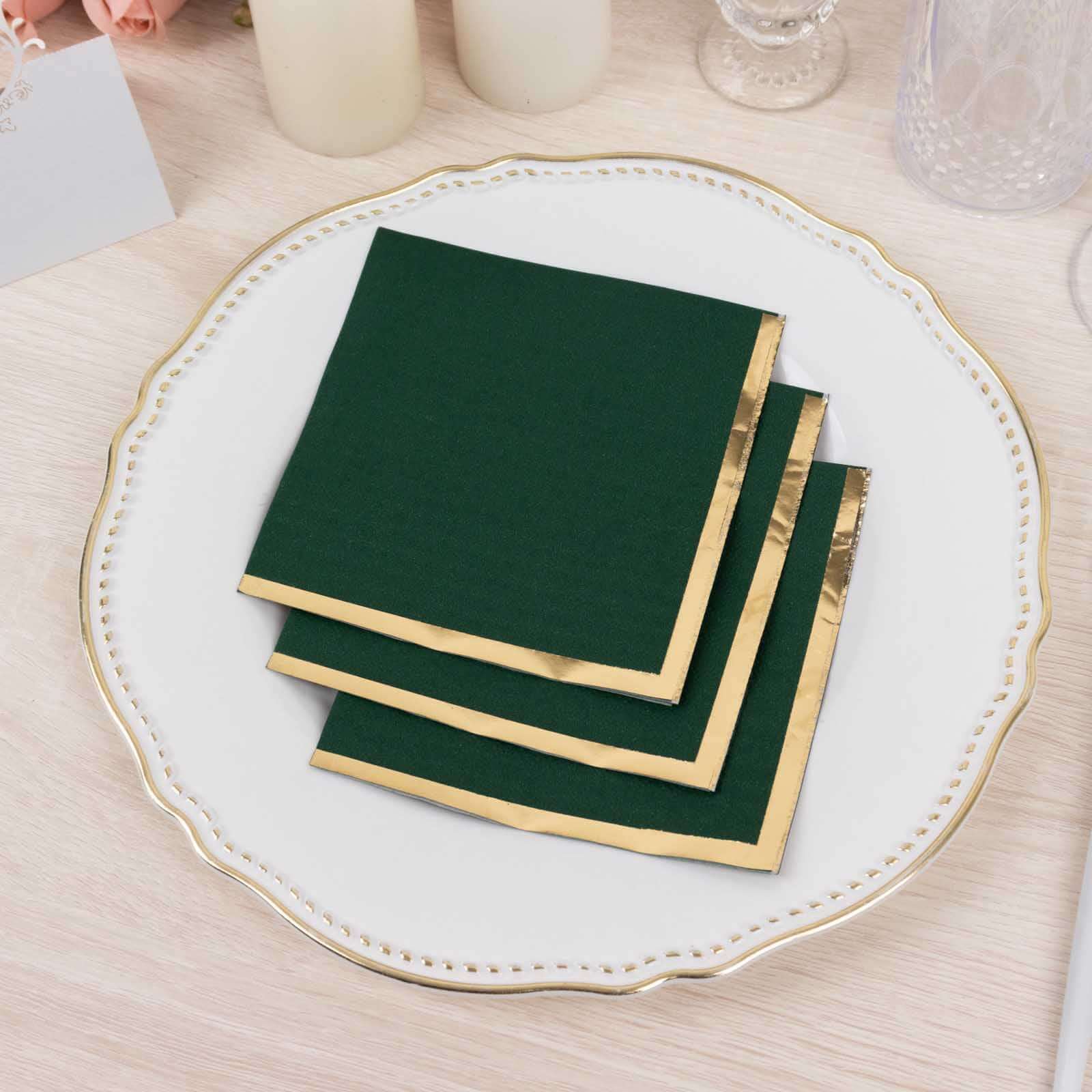 50-Pack Paper Beverage Napkins Hunter Emerald Green with Gold Foil Edge - 2 Ply Disposable Soft 18GSM Cocktail Napkins 5x5