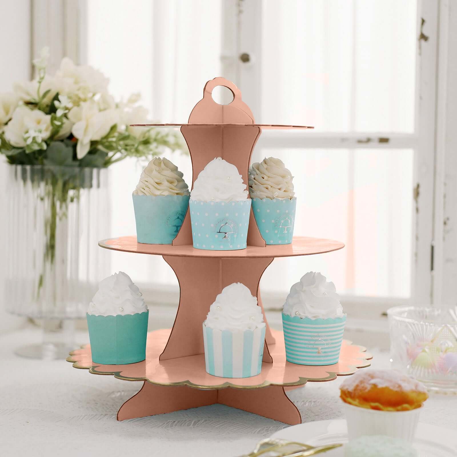 3-Tier Cardboard Cupcake Stand Blush - Sturdy & Collapsible Dessert Treat Tower with Gold Scalloped Rim for Baby Shower Wedding & Party Decor 13