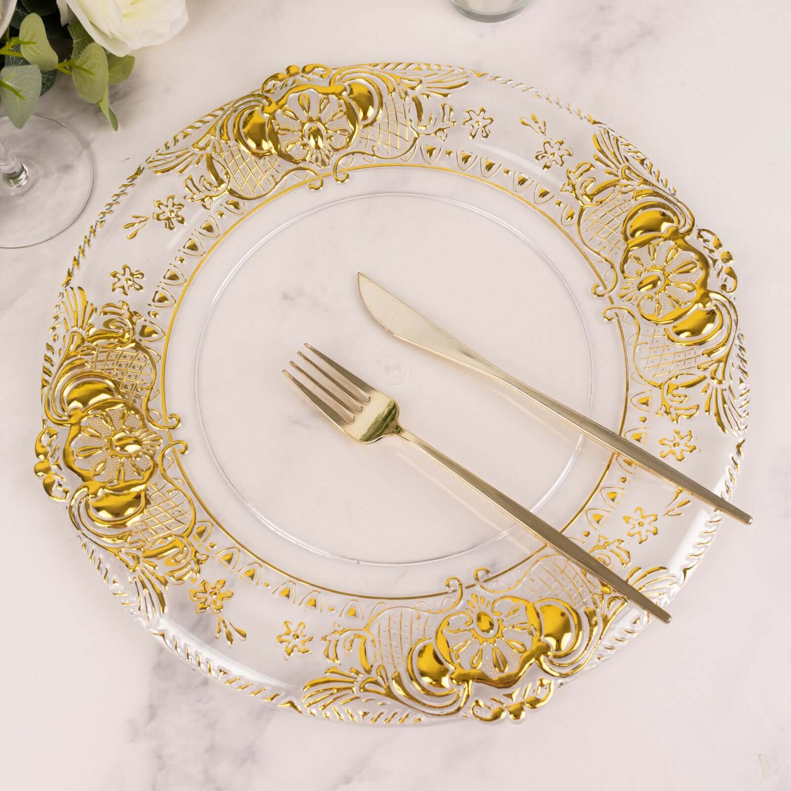 6-Pack Plastic Round Charger Plates 13 in Clear with Gold Florentine Embossed Rim, Exquisite Dinner Serving Plates