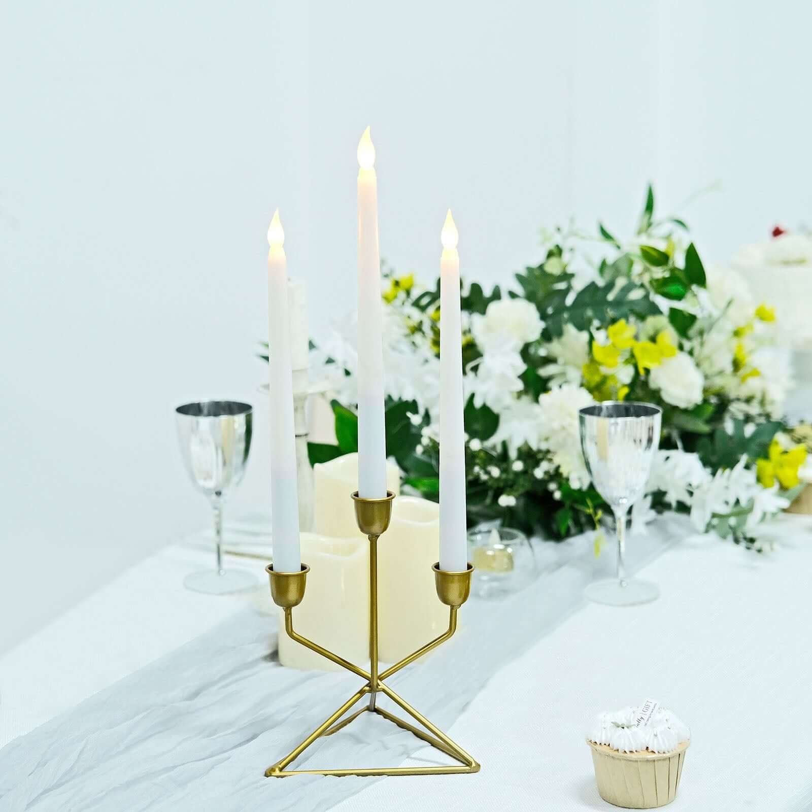 2-Pack Triangle Base Geometric Taper Candelabra 3 Arm Candle Holder Design Gold Metal - Decorative Centerpiece 7