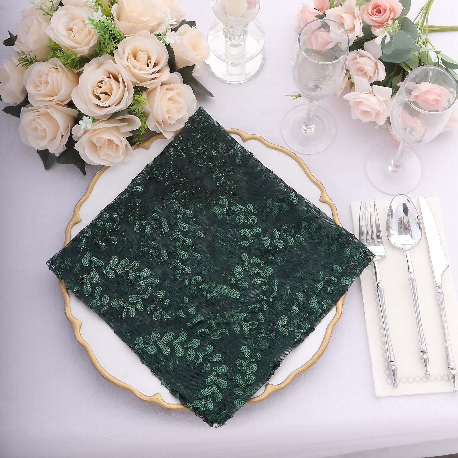 Sequin Tulle 20x20 Napkin Hunter Emerald Green - Embroidered Leaf Vine Dinner Napkins