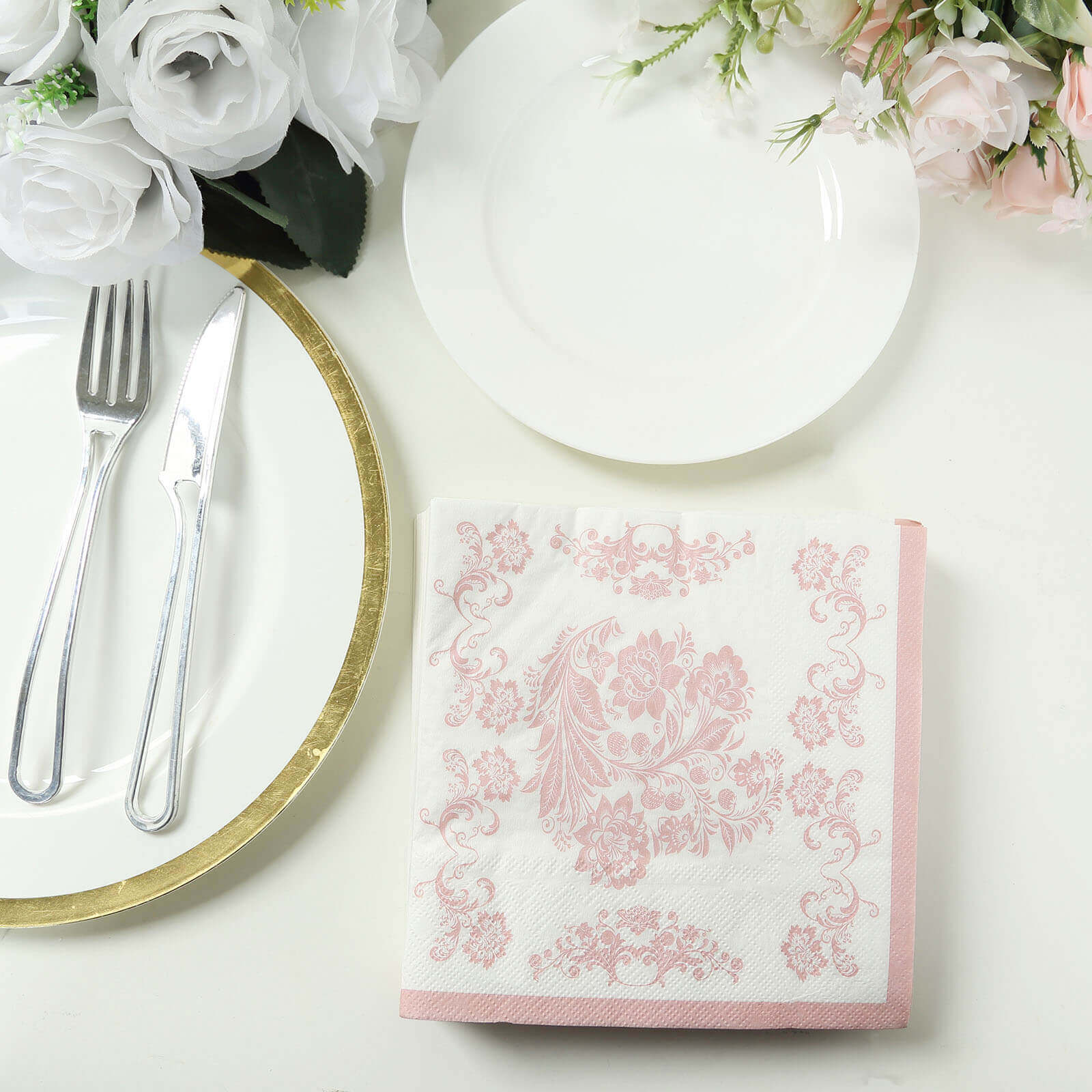 50-Pack Paper Cocktail Napkins with French Toile Floral Pattern White/Pink - Absorbent 2 Ply Disposable Napkins for Beverages