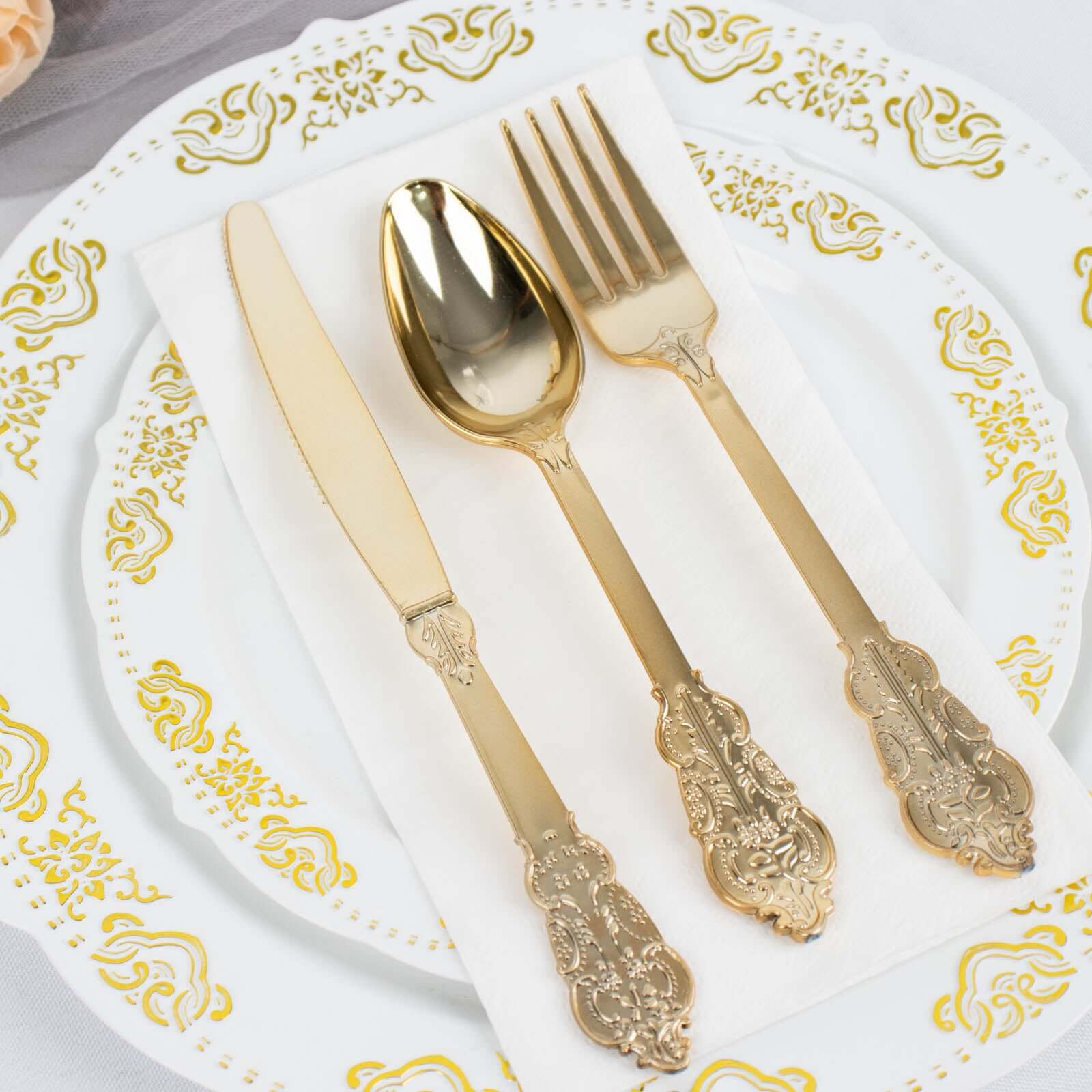 72 Pcs Plastic Silverware Set in Baroque Style Metallic Gold - Heavy Duty Disposable Knife, Fork, and Spoon Set