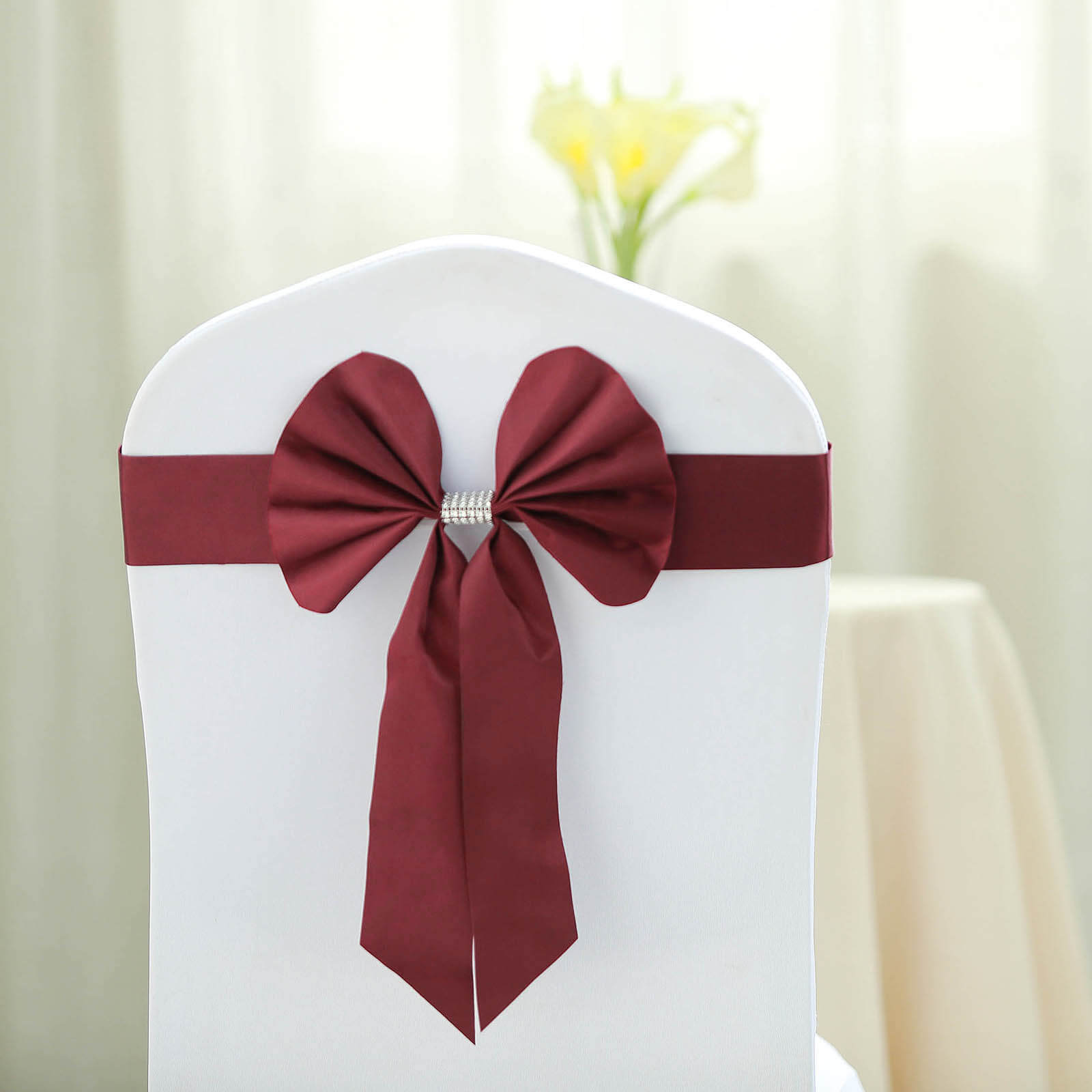 5 Pack Satin Faux Leather Chair Sashes Burgundy - Durable Double Sided Pre-tied Bow Tie Chair Bands with Diamond Rhinestone Buckles