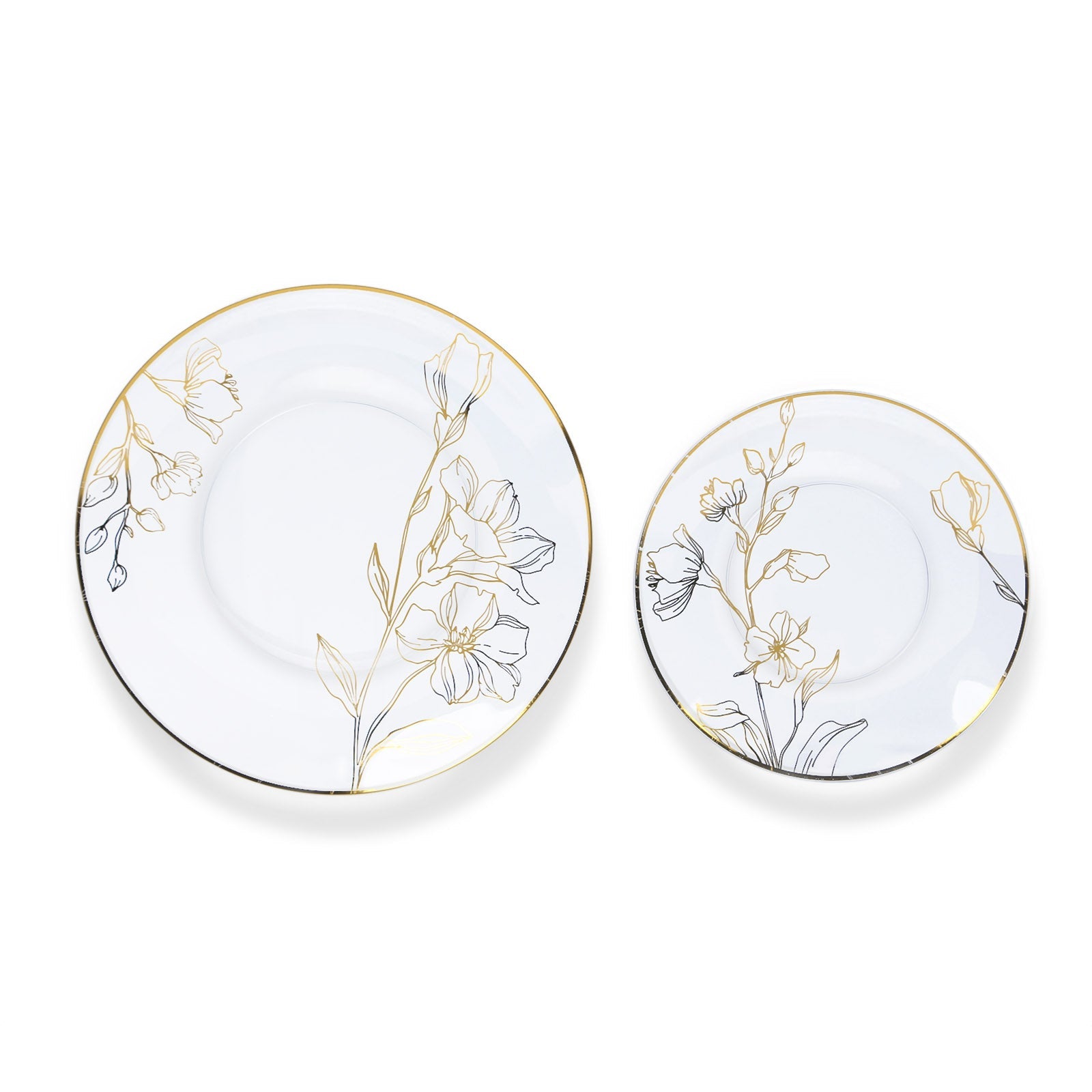 Set of 20 Plastic Round Dinner and Dessert Plates in Clear with Metallic Gold Floral Design - Stylish Disposable Dinnerware 8, 10