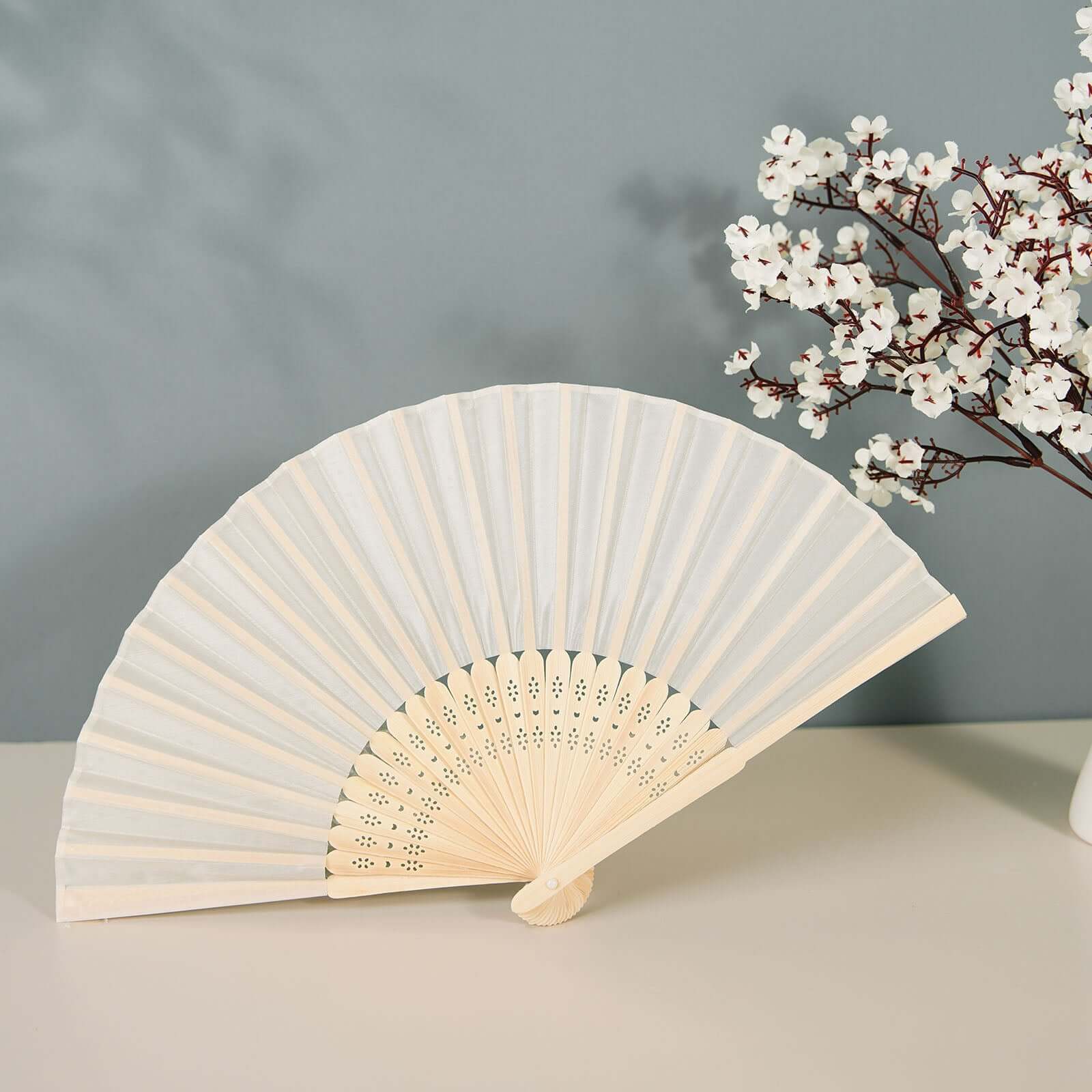 5 Pack Ivory Asian Silk Folding Fans Party Favors, Oriental Folding Fan Favors