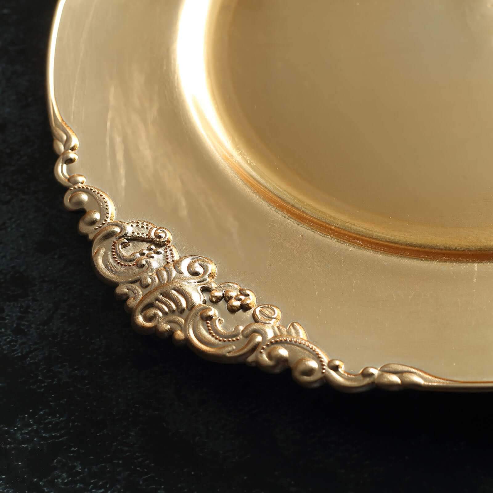 6-Pack Acrylic Round Charger Plates 13 in Gold with Embossed Baroque Rim, Antique Decorative Dinner Party Charger Tableware
