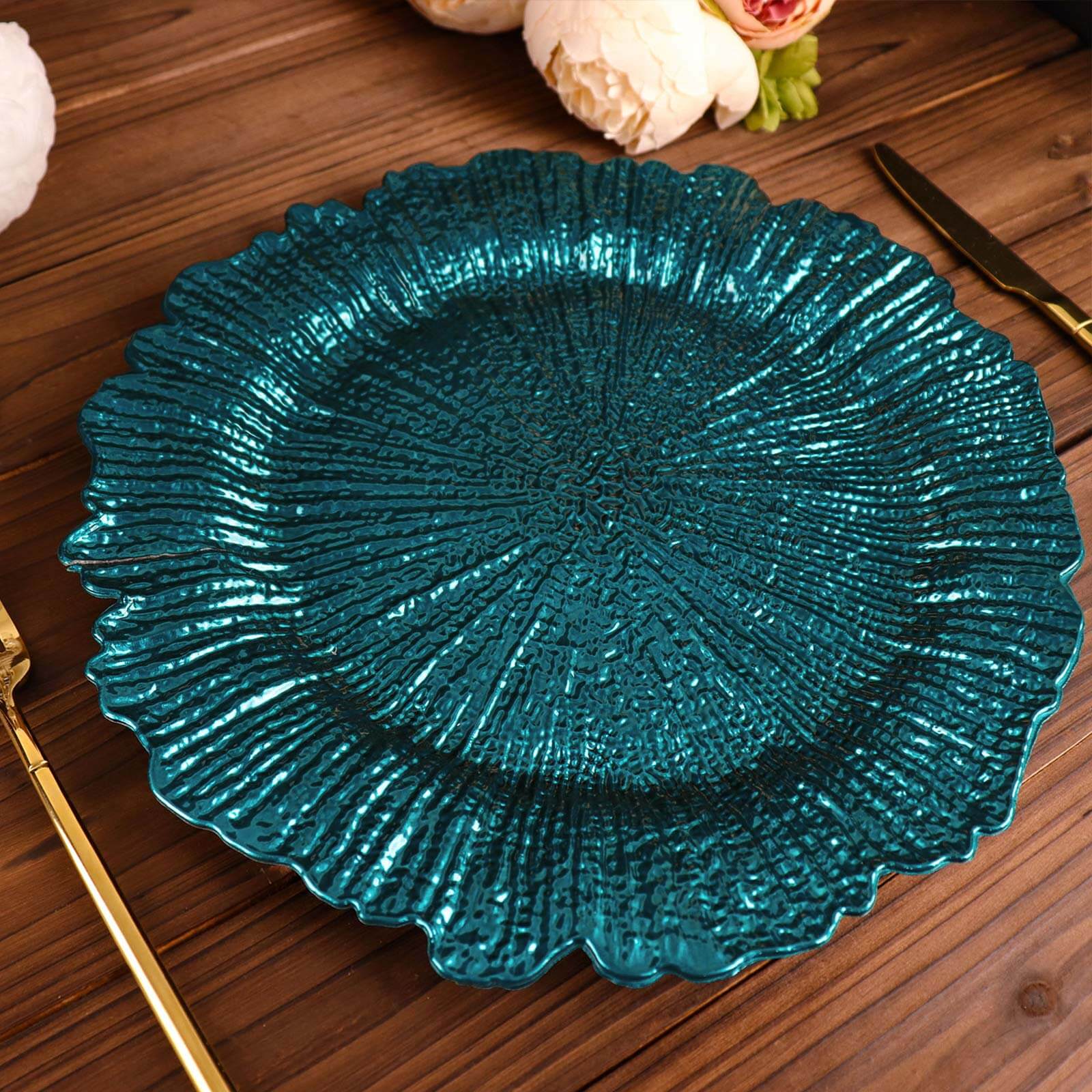 6-Pack Acrylic Plastic Round Charger Plates 13 in Peacock Teal with Reef Design, Dinner Charger Tableware