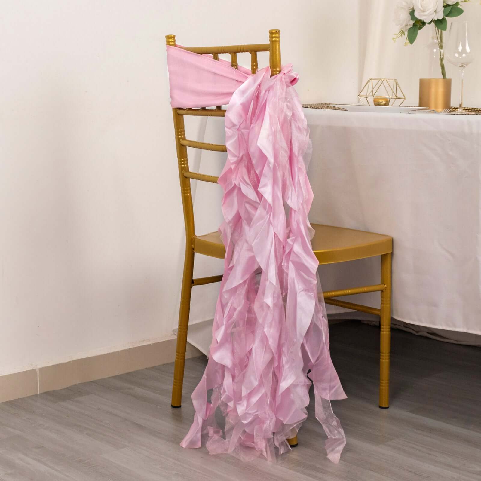 5 Pack Chiffon Satin Chair Sashes Pink - Easy to Install Ruffled Curly Willow