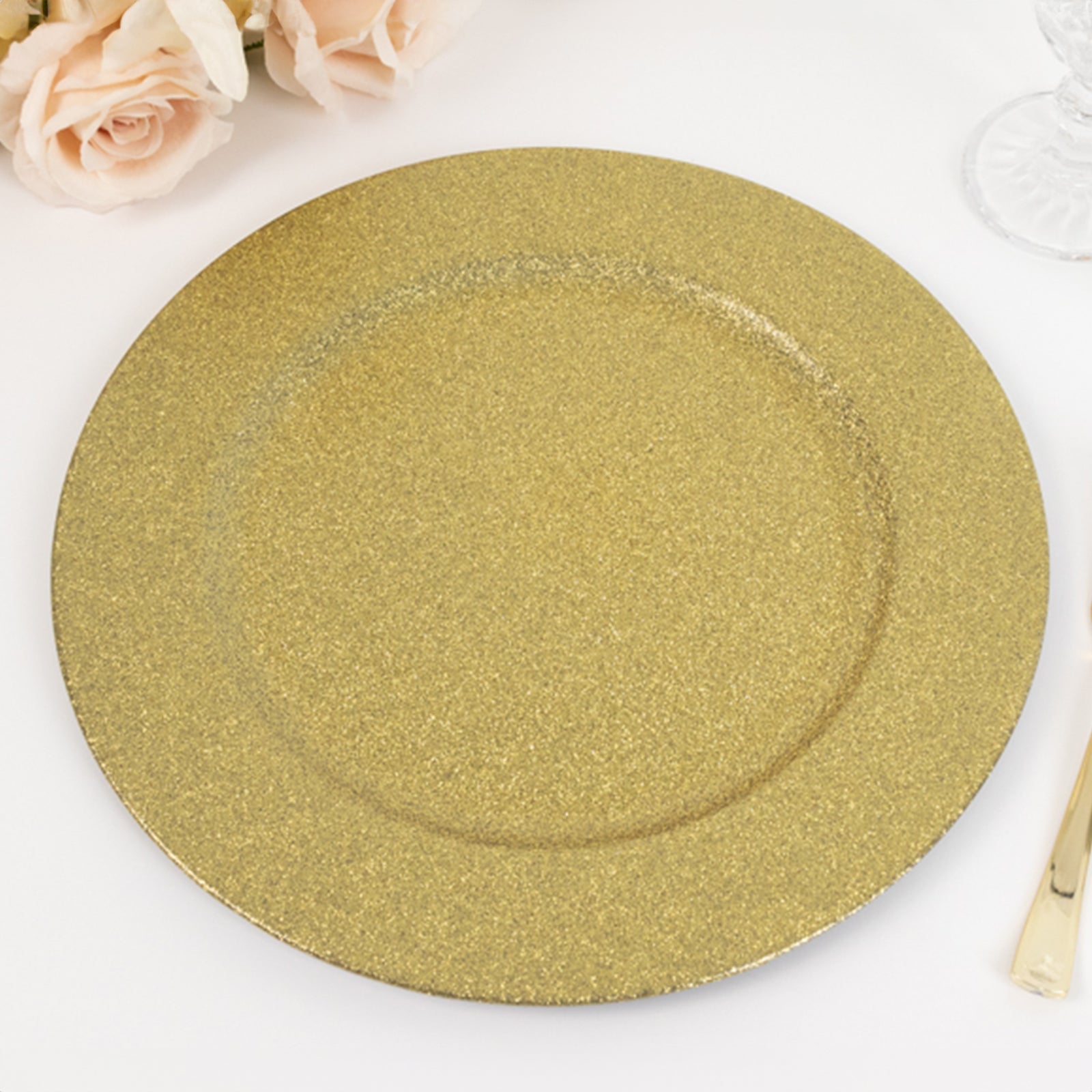 6-Pack Acrylic Plastic Round Charger Plates 13 in Gold with Dust Free Glitter Finish, Decorative Dinner Party Charger Tableware