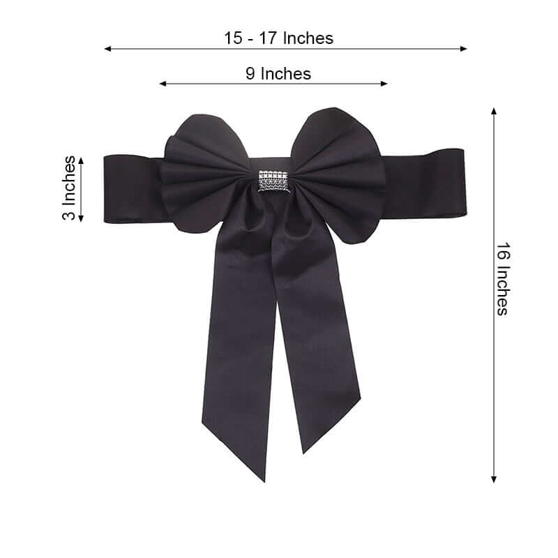 5 Pack Satin Faux Leather Chair Sashes Black - Durable Double Sided Pre-tied Bow Tie Chair Bands with Diamond Rhinestone Buckles Luxurious Party Decor