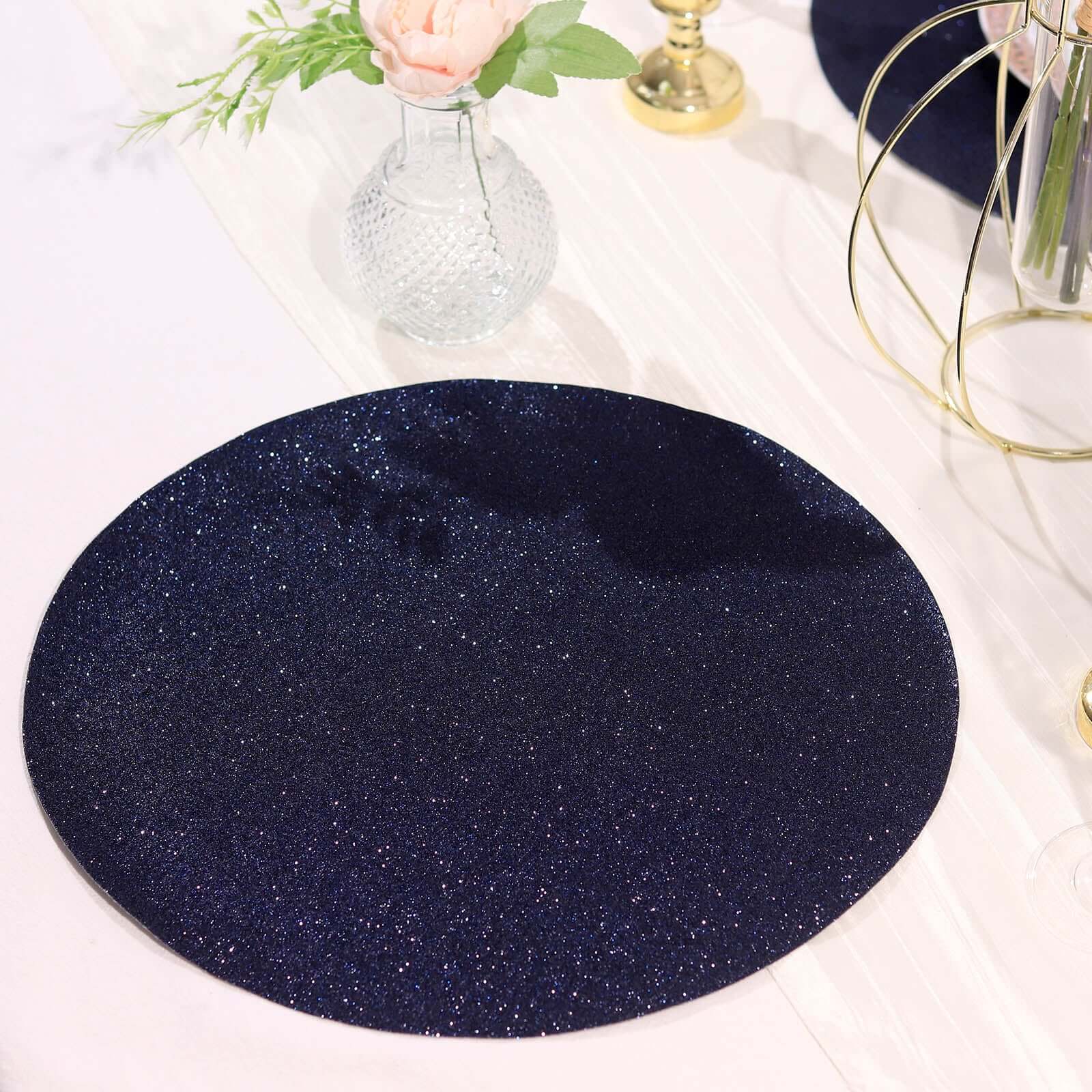 6-Pack Placemats Glitter Design Navy Blue Sparkle Round - Non-Slip Decorative Dining Table Mats 13