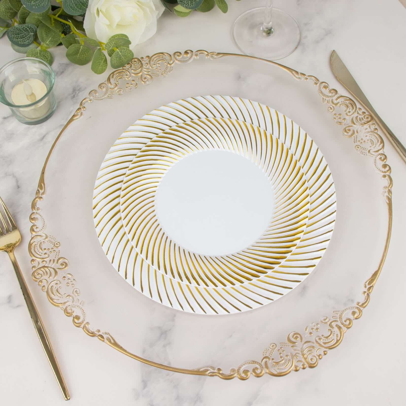 10-Pack Plastic 9 Round Dinner Plates White with Gold Swirl Rim - Disposable Party Plates