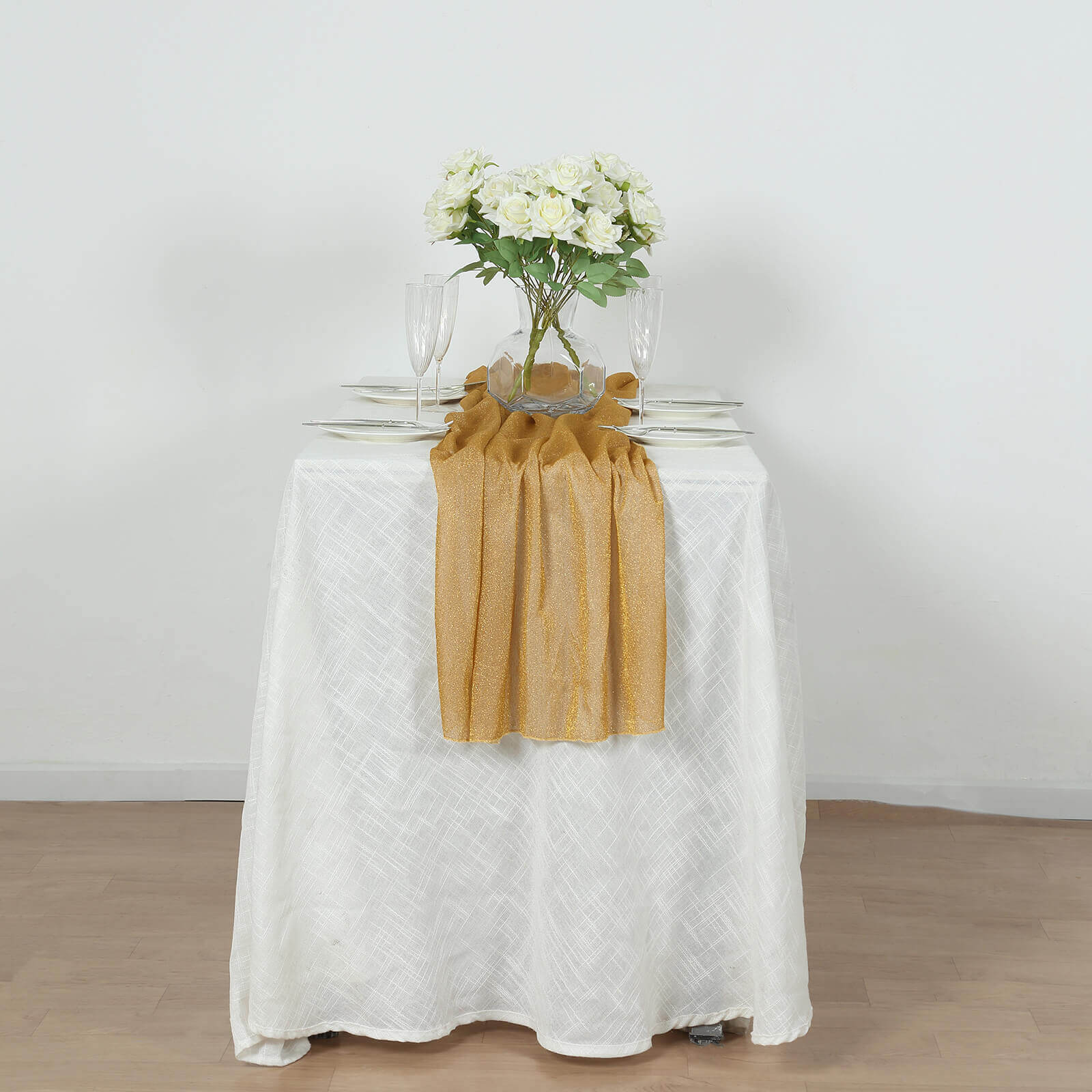 Glitter Gauze 27x120 Table Runner Gold - Sparkling Reusable Wrinkle-Free Sheer Table Linen for Events