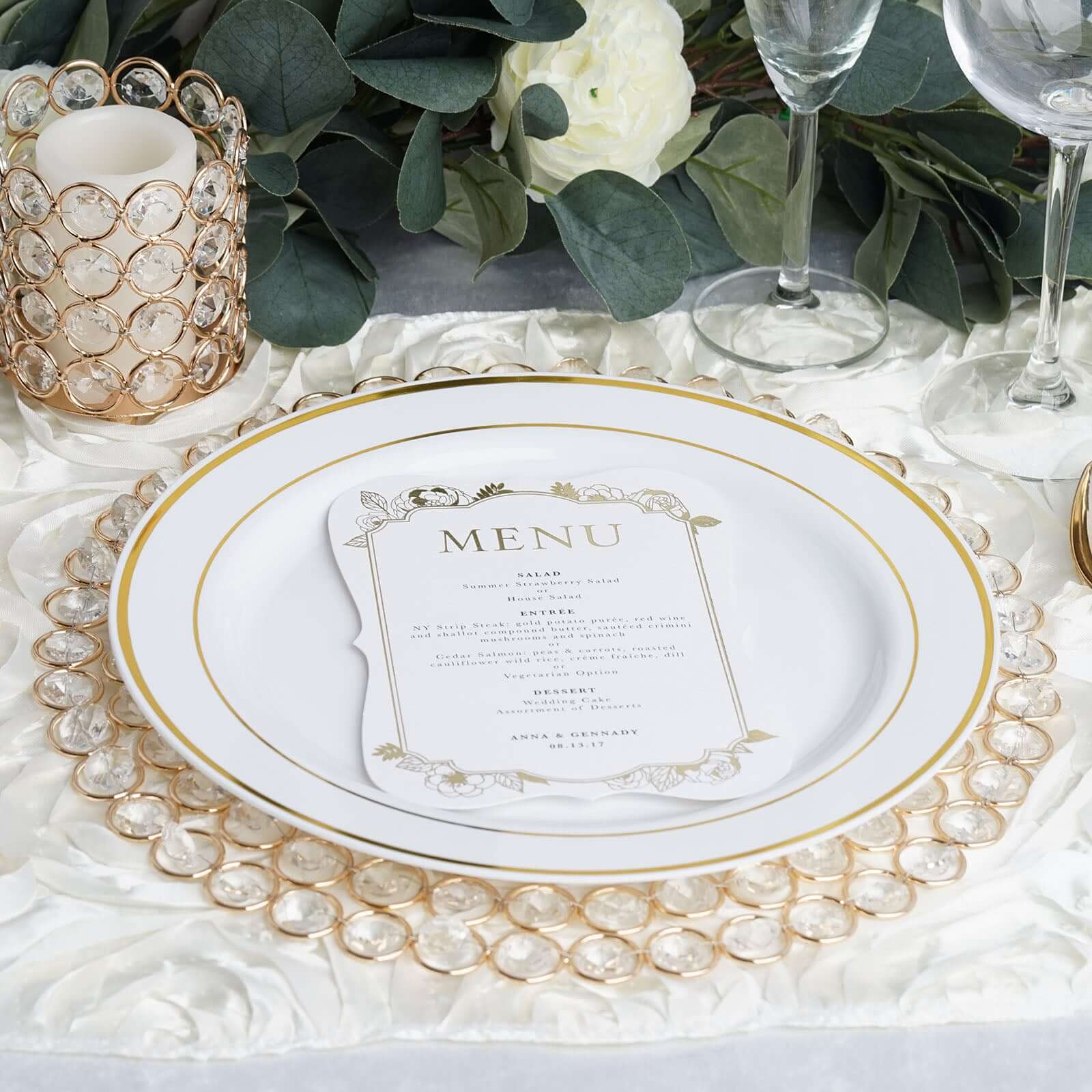 Wired Metal Round Charger Plate 14 in Gold with Acrylic Crystal Beads, Glamorous Decorative Dinner Charger Tableware