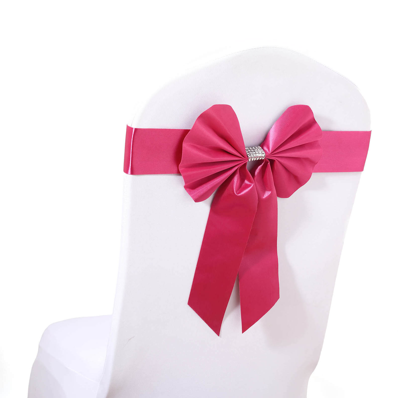 5 Pack Satin Faux Leather Chair Sashes Fuchsia - Durable Double Sided Pre-tied Bow Tie Chair Bands with Diamond Rhinestone Buckles