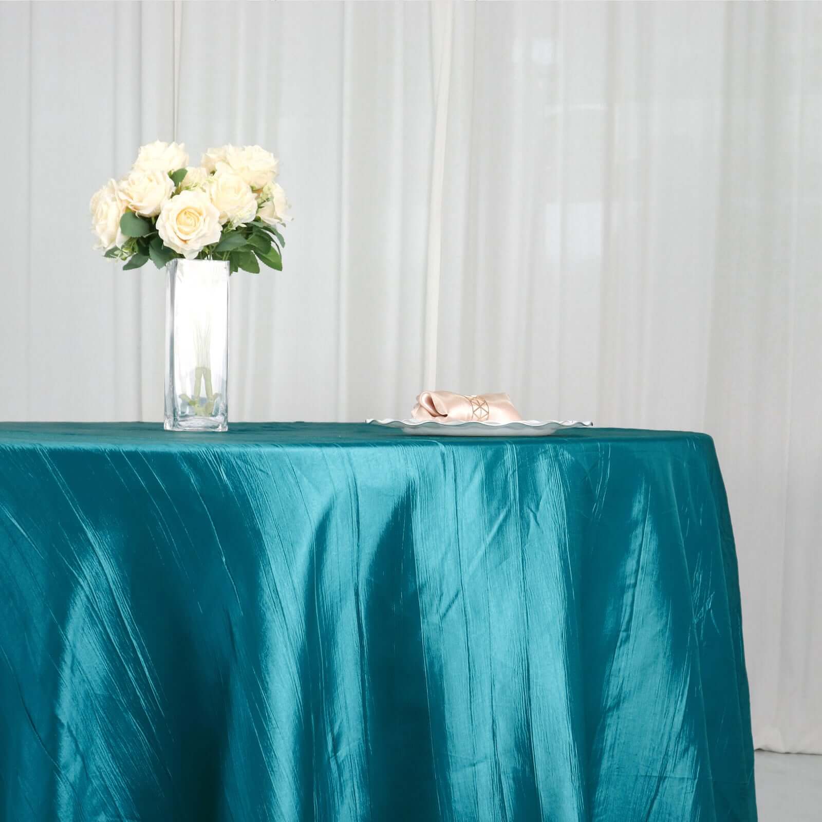 Taffeta 120 Round Tablecloth Peacock Teal - Seamless Accordion Crinkle Table Cover