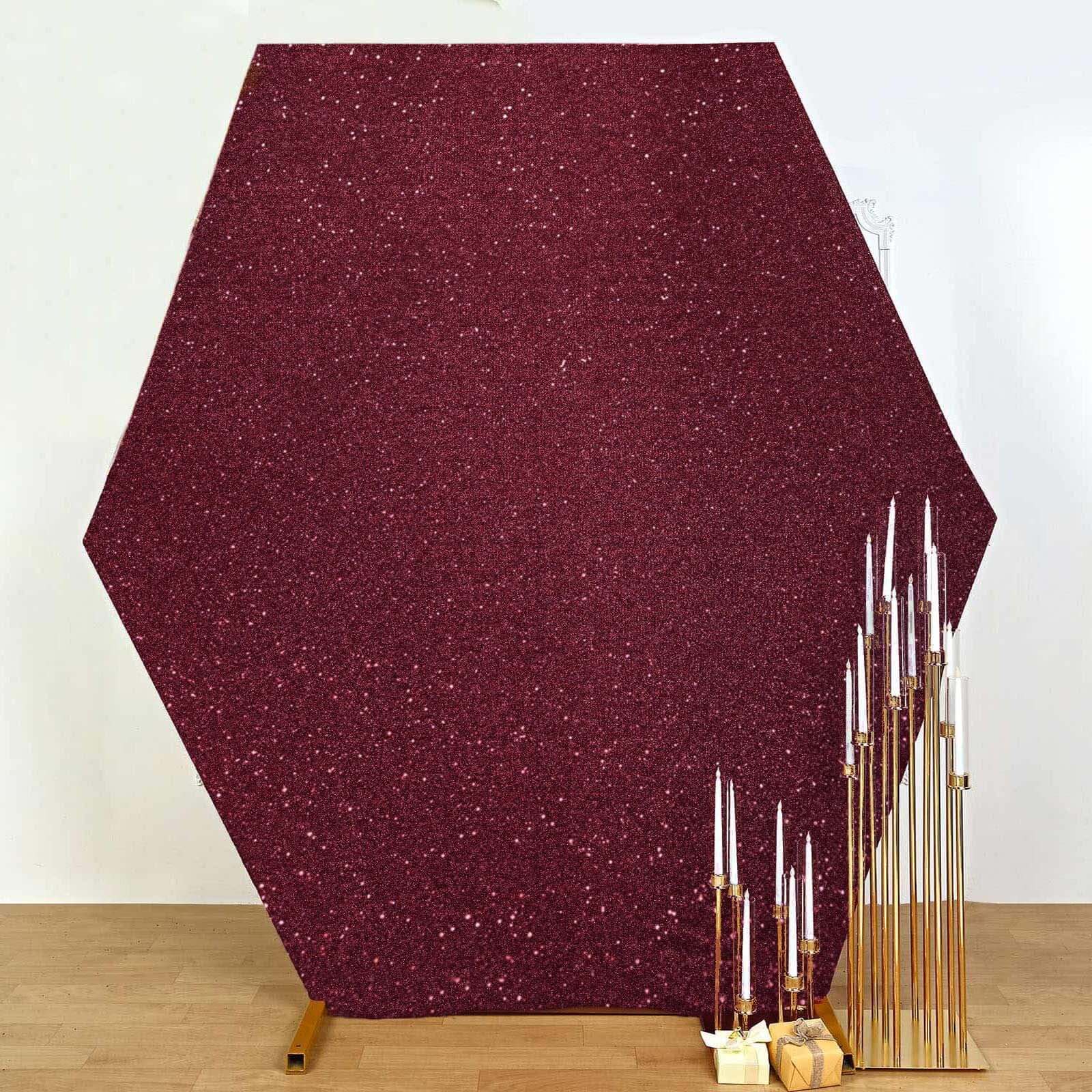 8ftx7ft Burgundy Metallic Shimmer Tinsel Spandex Hexagon Wedding Arbor Cover, 2-Sided Backdrop