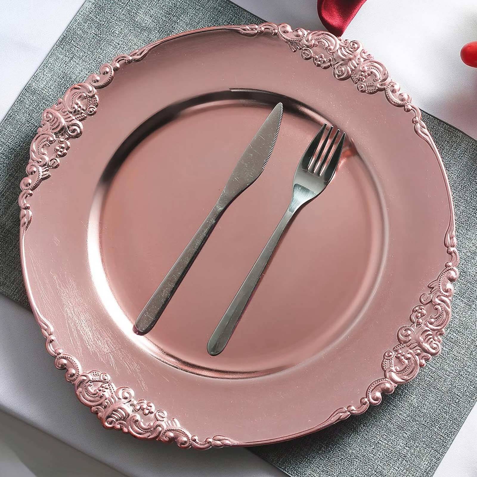 6-Pack Acrylic Round Charger Plates 13 in Rose Gold with Embossed Baroque Rim, Antique Decorative Dinner Party Charger Tableware