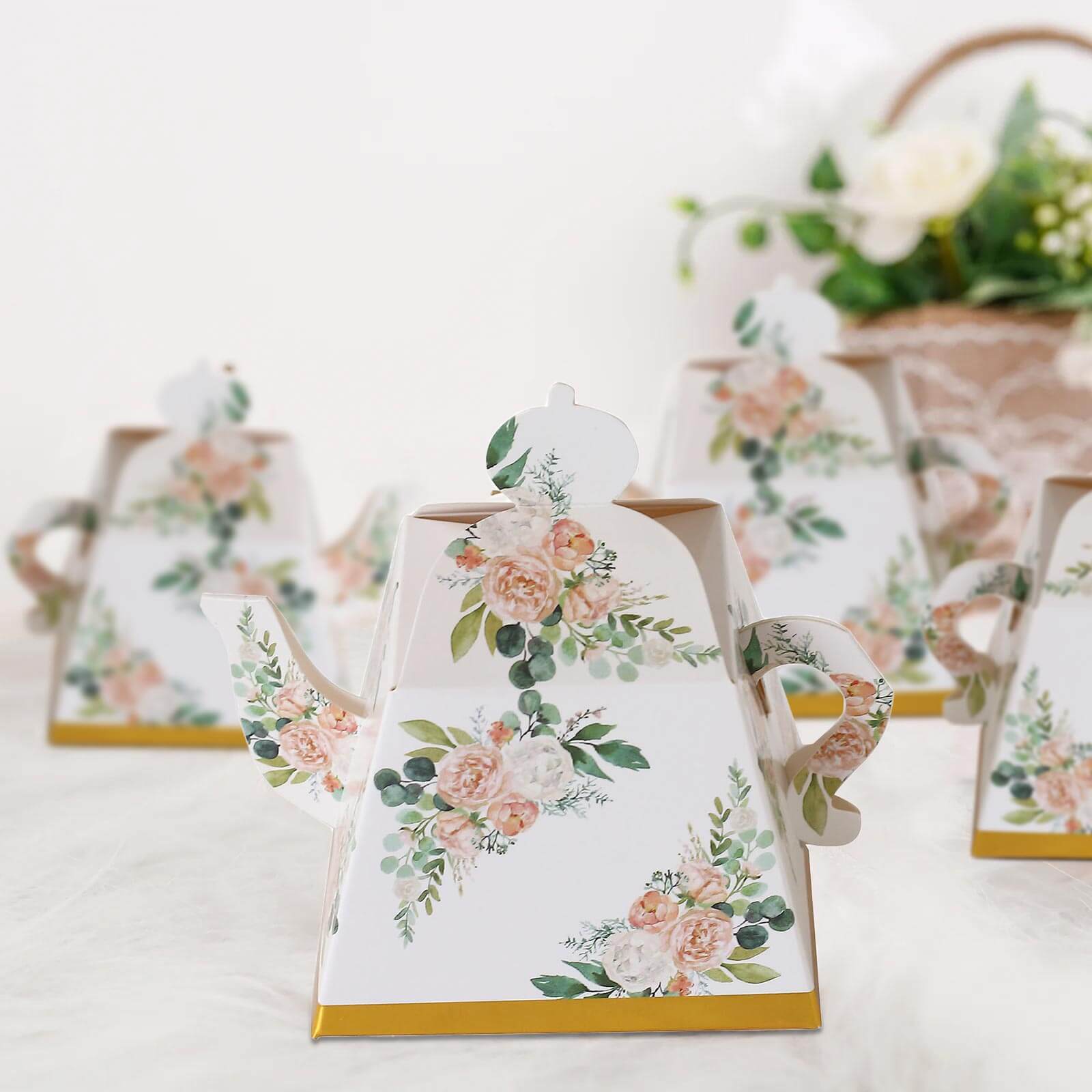 25 Pack Pink Peony Floral Mini Teapot Party Favor Boxes with Gold Edge, Tea Time Gift Boxes - 5x4