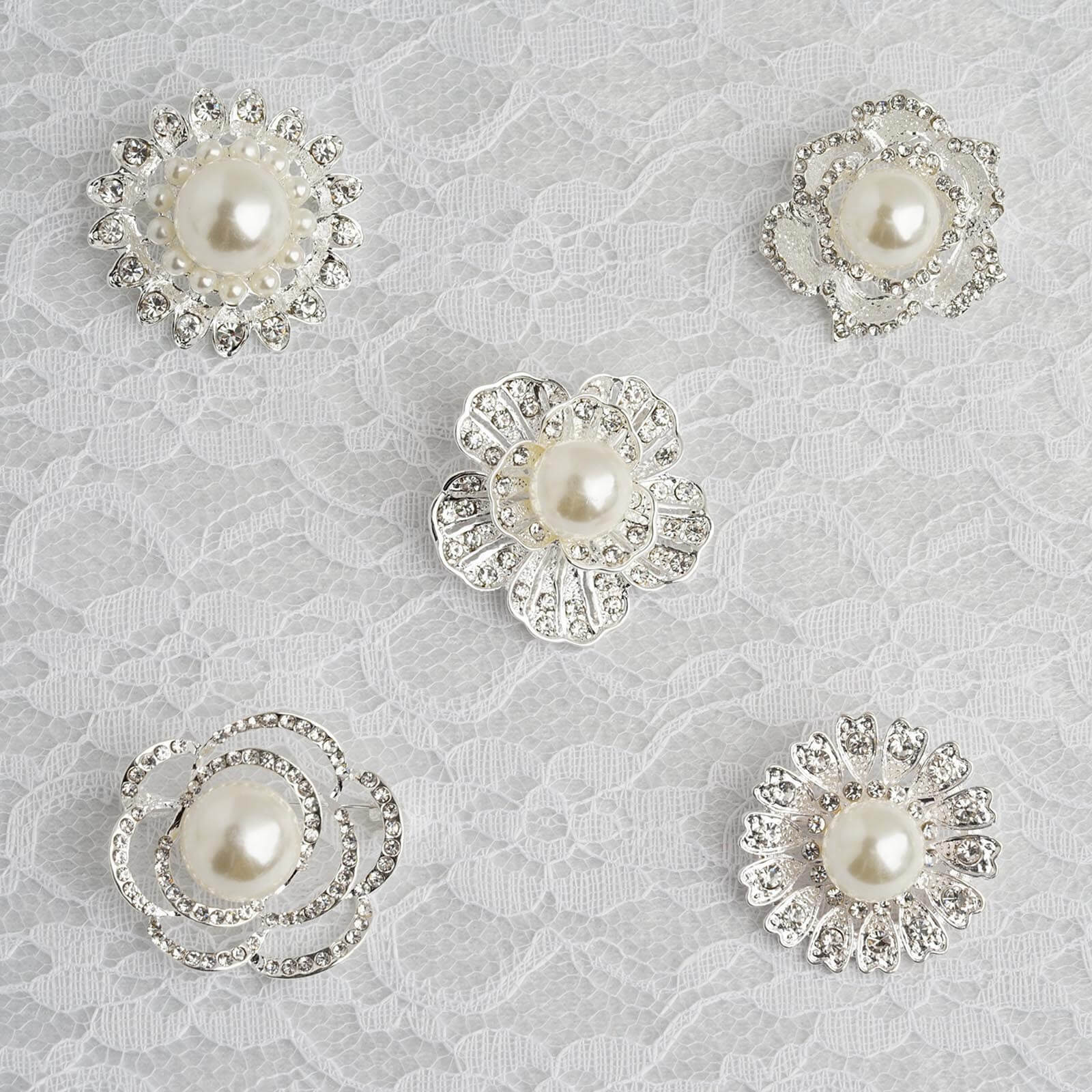 5 Pack Rhinestone Brooches Silver Plated with Pearl Center - Radiant Floral Pins for Wedding Bouquets & Events