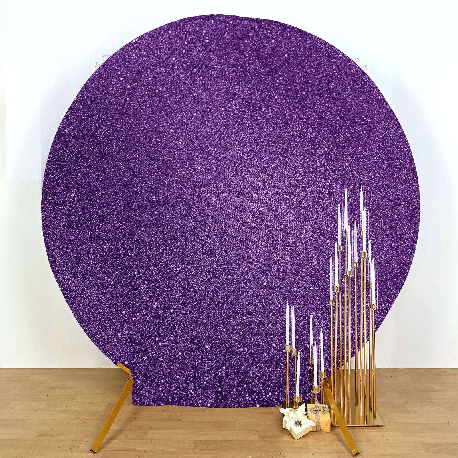 7.5ft Purple Metallic Shimmer Tinsel Spandex Round Wedding Arch Cover, 2-Sided Photo Backdrop