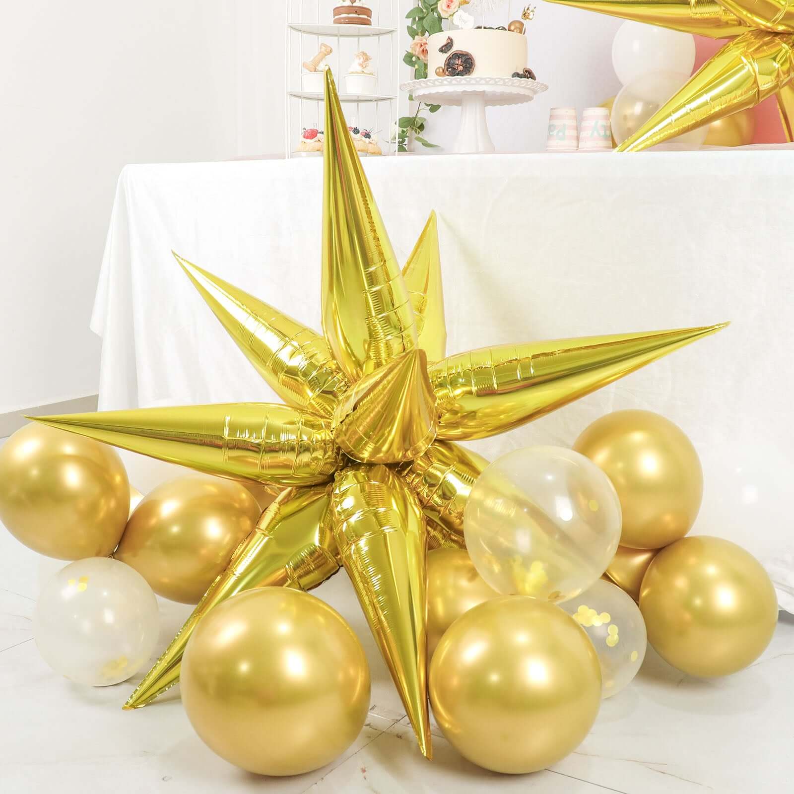 36 Pack Metallic Gold DIY Mylar Foil Starburst Cone Balloons, 3D Explosion Star Party Balloons Kit - Customizable