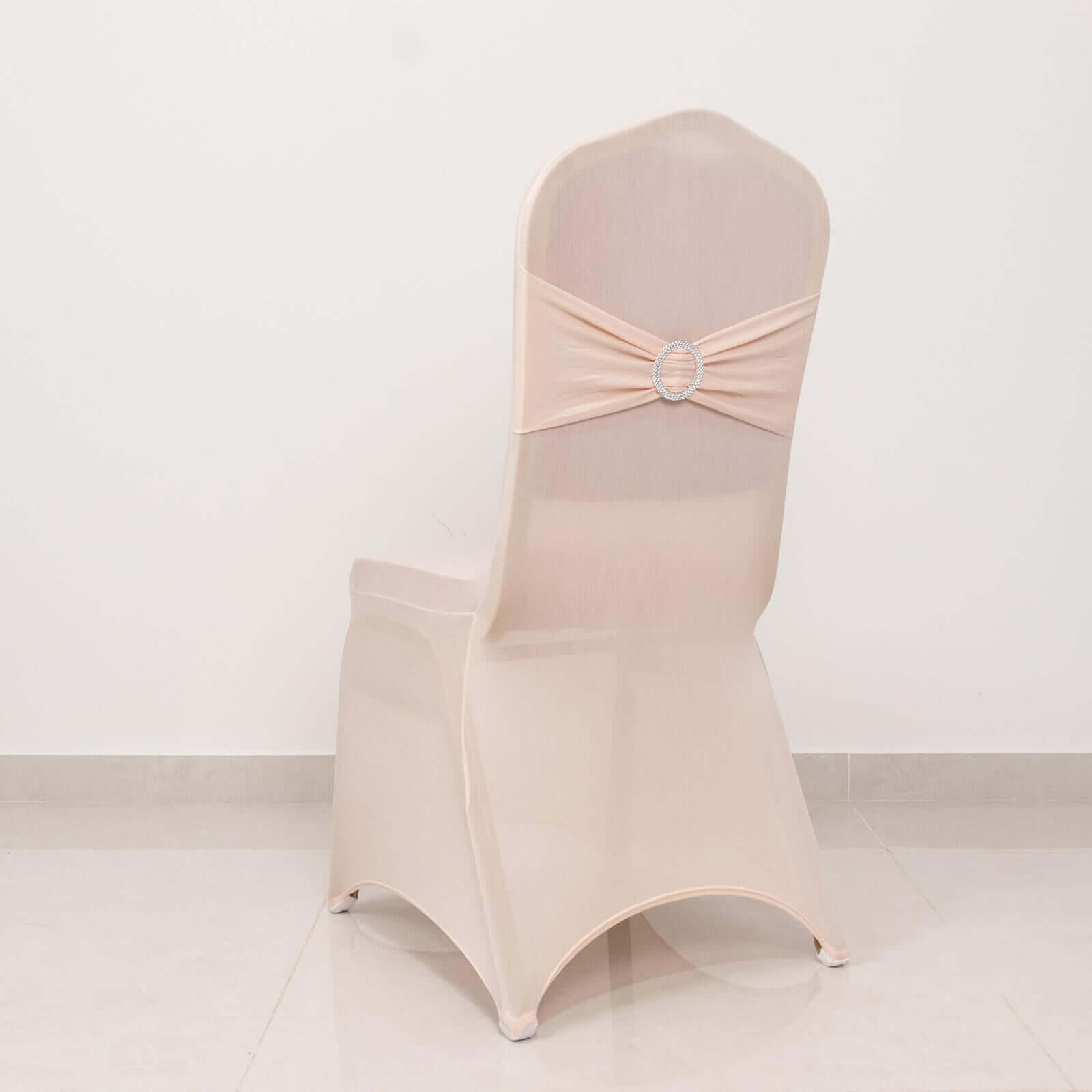 Spandex Chair Cover with Blush Rhinestone Buckled Sash Band Blush - Stretch Fitted Slipcover