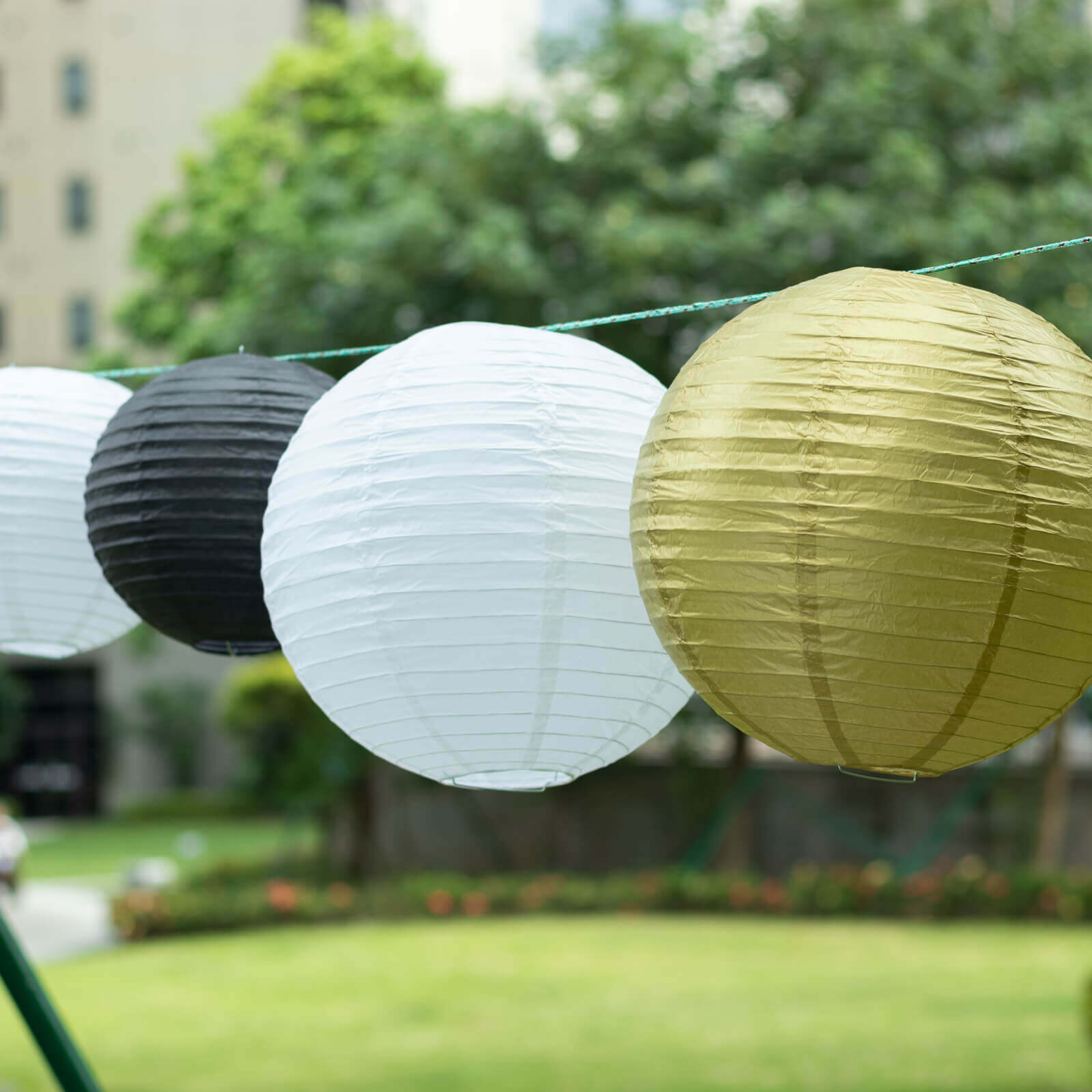 Set of 8 Mixed Black Gold Hanging Paper Lanterns, Decorative Round Chinese Sky Lanterns, Assorted Sizes - 6,8,10,14