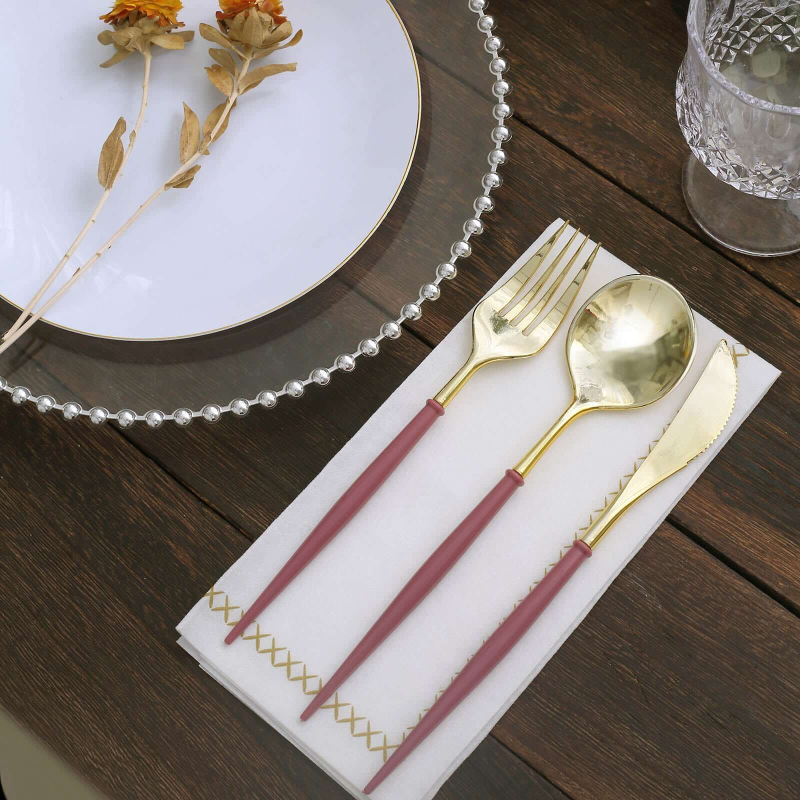 24 Pack 8 Metallic Gold With Cinnamon Rose Disposable Silverware Set, Modern Premium Plastic Utensil Set